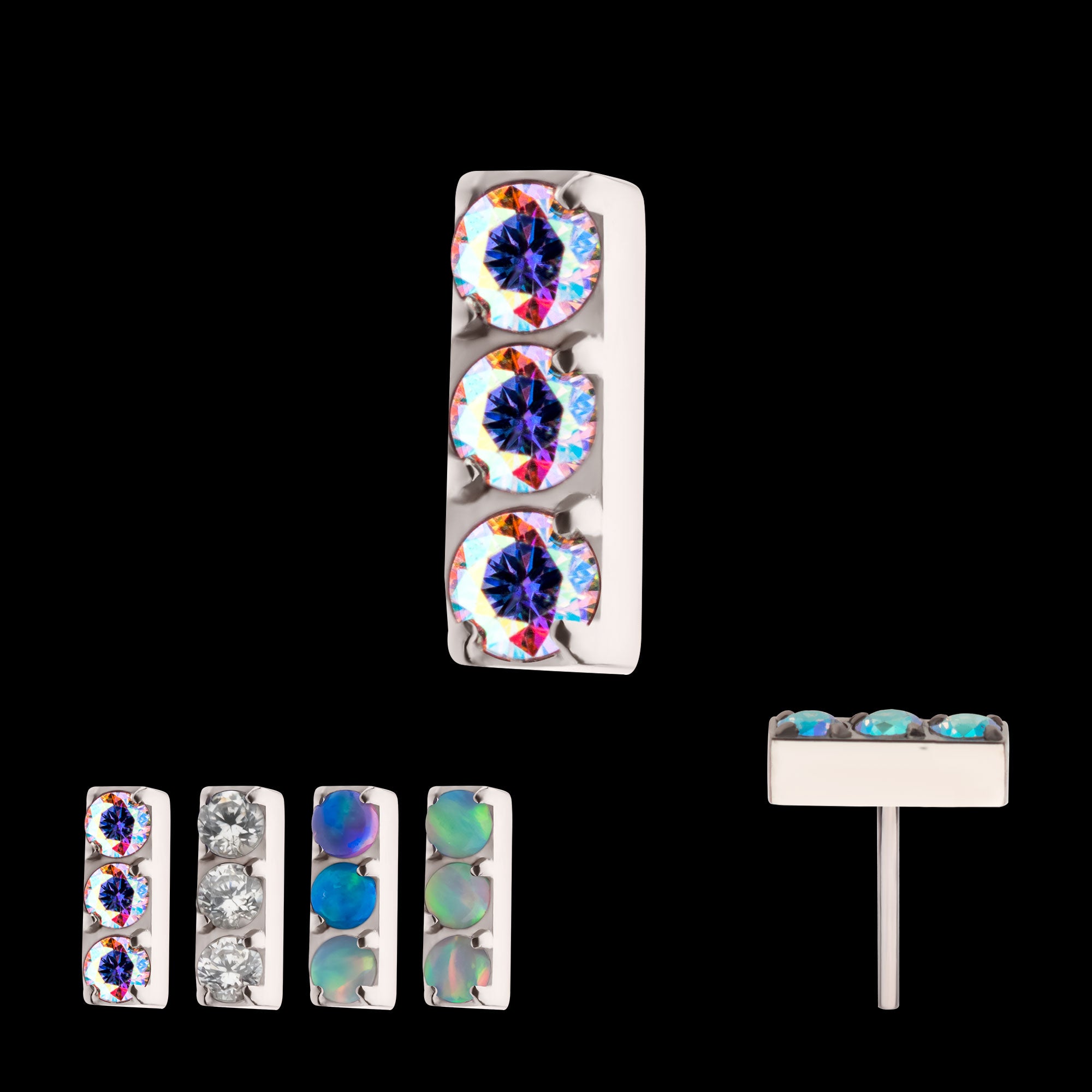 Prong Set Crystal/CZ/Opal 3-Cluster Bar Flatback Stud Earring / Nosering - Opal & CZ & Opal & CZ in Titanium