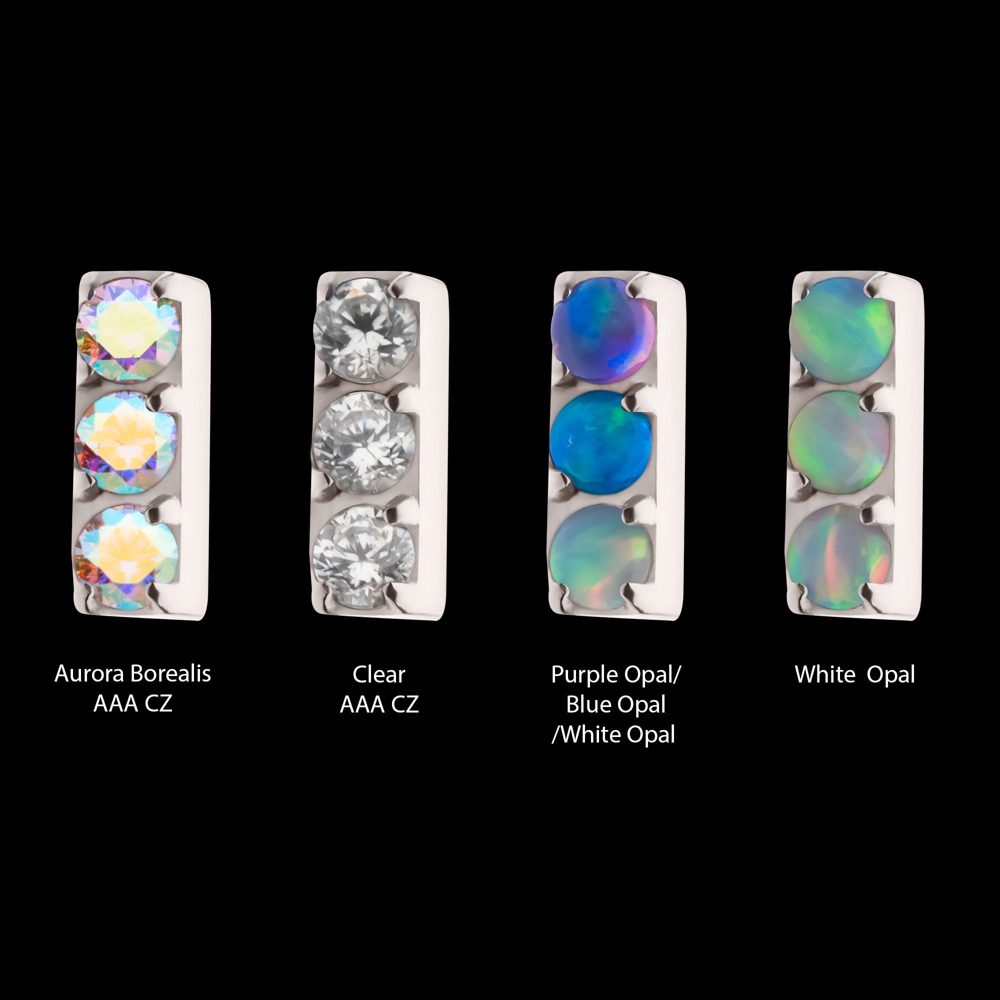 Prong Set Crystal/CZ/Opal 3-Cluster Bar Flatback Stud Earring / Nosering - Opal & CZ & Opal & CZ in Titanium