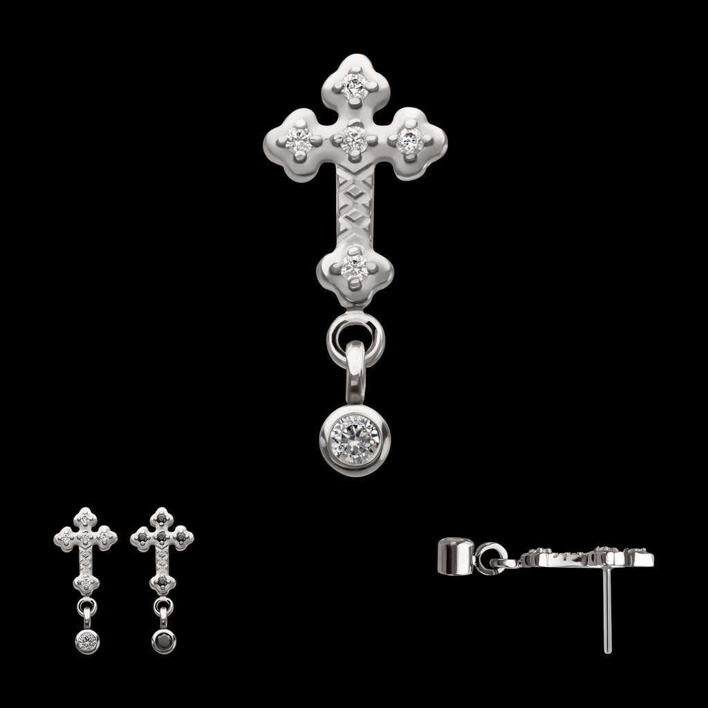 Milgrain Edge Prong Set CZ Gem Cross with Dangle Bezel Gem Flatback Stud Earring / Nosering - CZ in Titanium