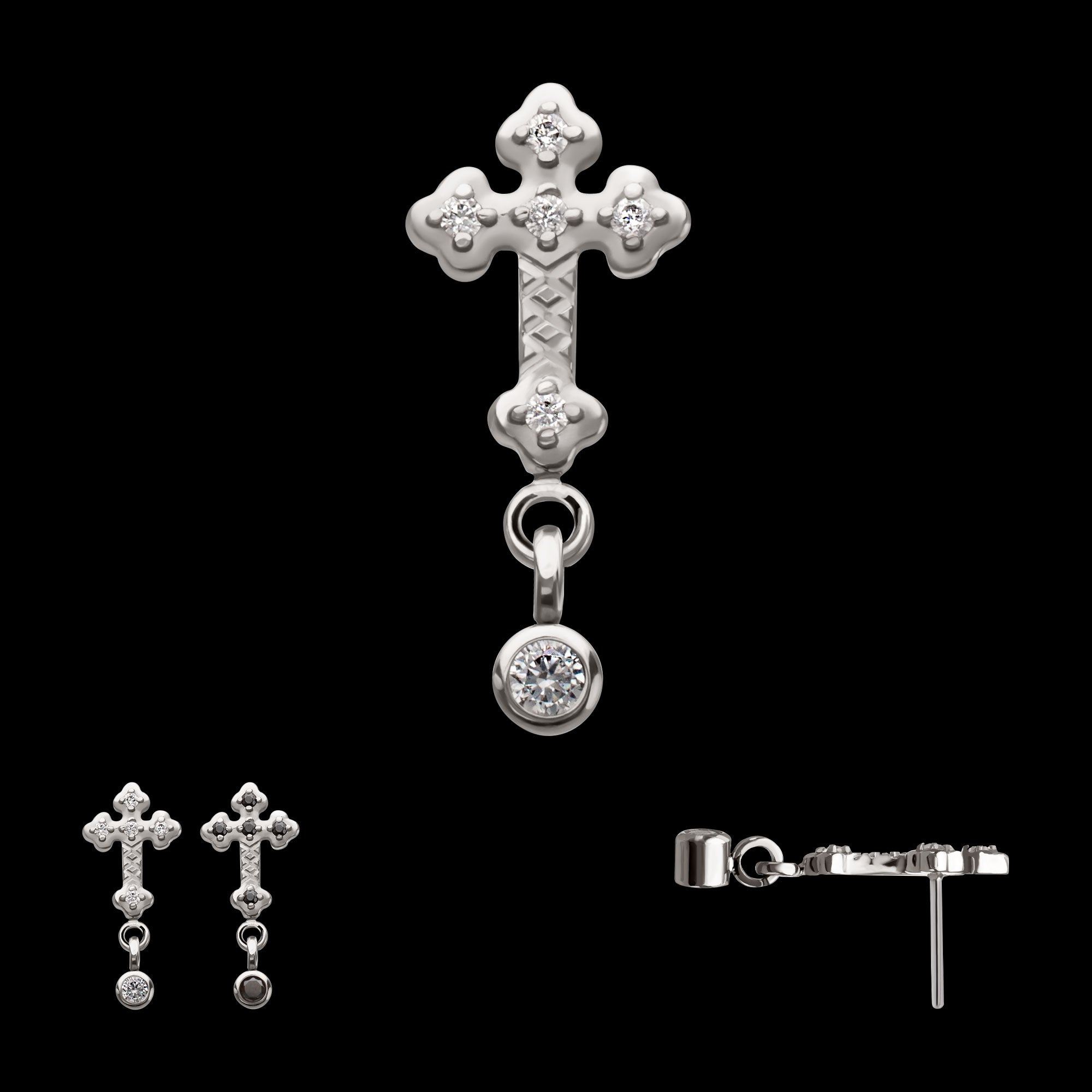 Milgrain Edge Prong Set CZ Gem Cross with Dangle Bezel Gem Flatback Stud Earring / Nosering - CZ in Titanium