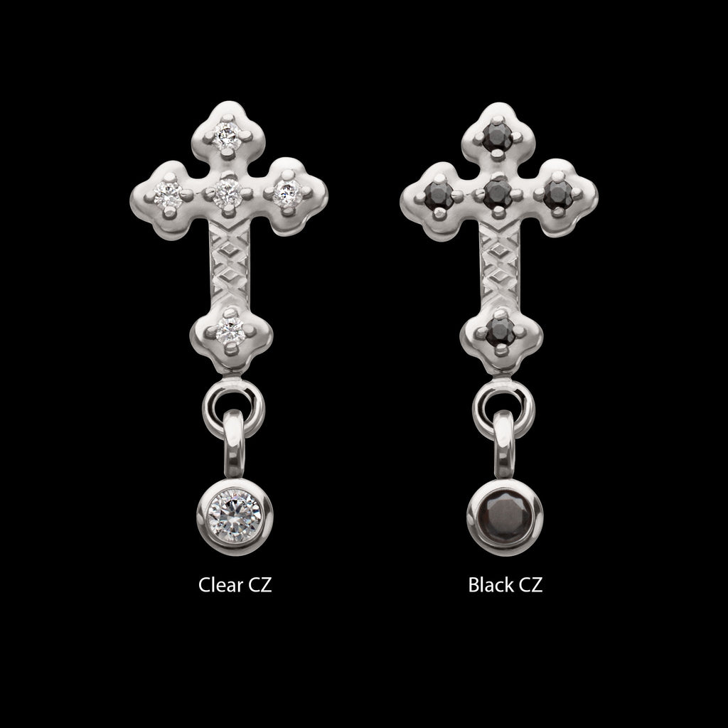 Milgrain Edge Prong Set CZ Gem Cross with Dangle Bezel Gem Flatback Stud Earring / Nosering - CZ in Titanium