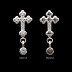 Milgrain Edge Prong Set CZ Gem Cross with Dangle Bezel Gem Flatback Stud Earring / Nosering - CZ in Titanium