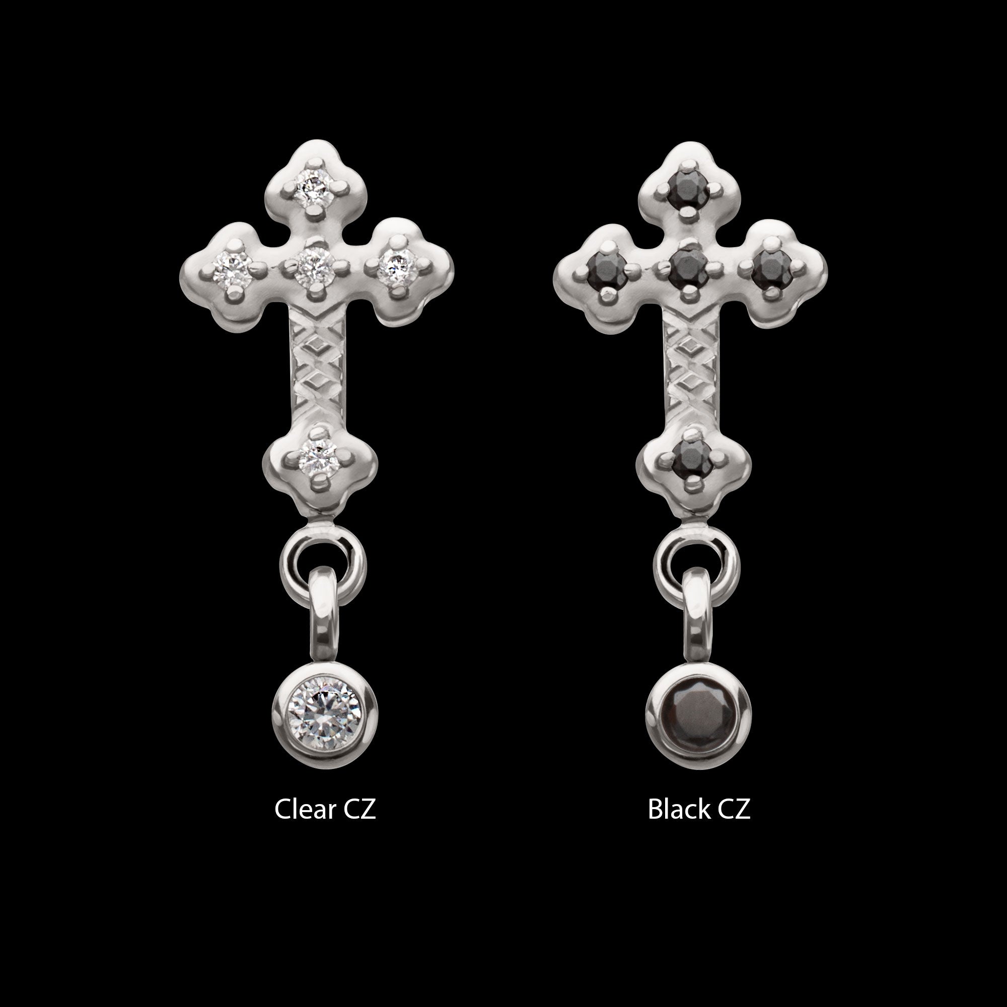 Milgrain Edge Prong Set CZ Gem Cross with Dangle Bezel Gem Flatback Stud Earring / Nosering - CZ in Titanium