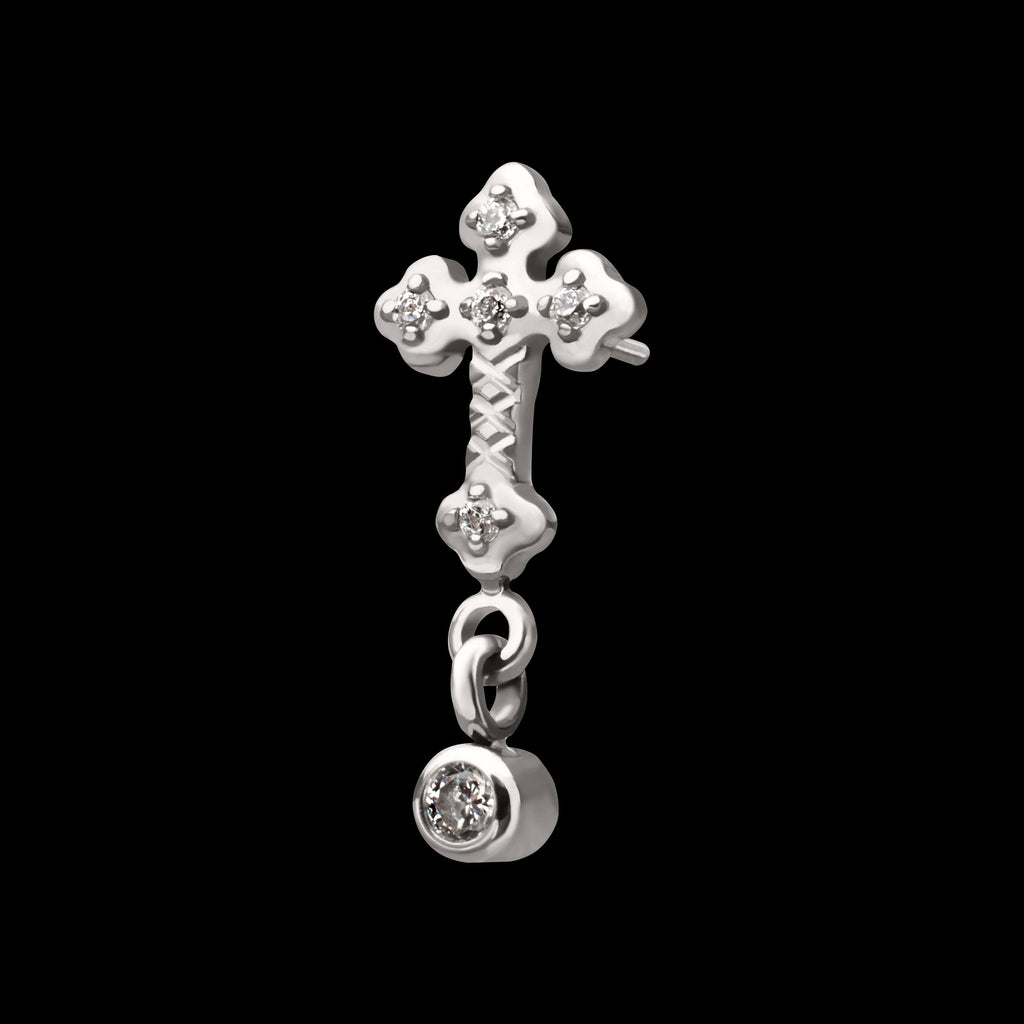Milgrain Edge Prong Set CZ Gem Cross with Dangle Bezel Gem Flatback Stud Earring / Nosering - CZ in Titanium