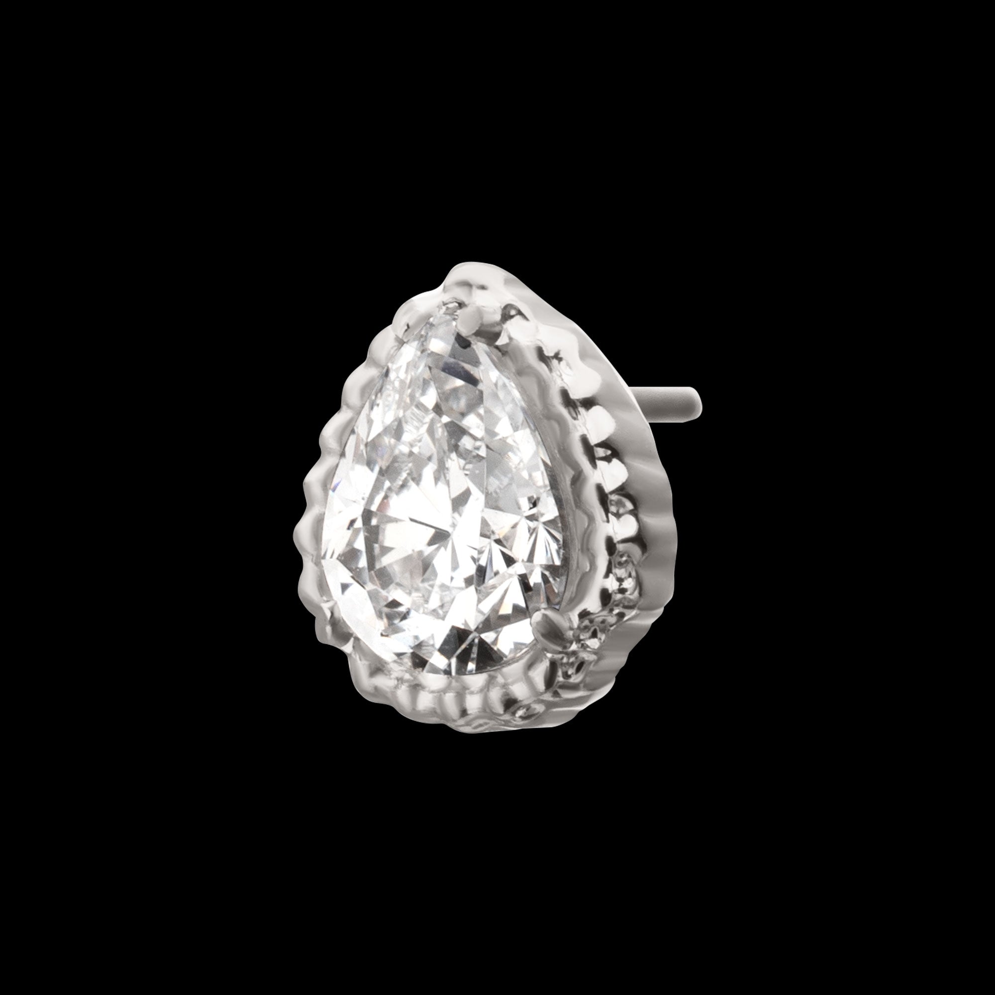 Beaded Edge Prong Set Teardrop CZ Gem Flatback Stud Earring / Nosering - CZ in Titanium