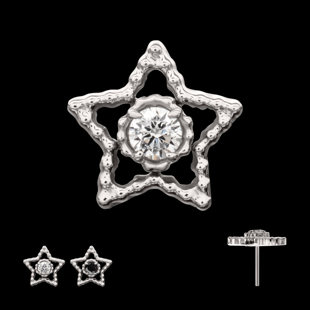 Milgrain Edge Star with Prong Set CZ Gem Flatback Stud Earring / Nosering - CZ in Titanium