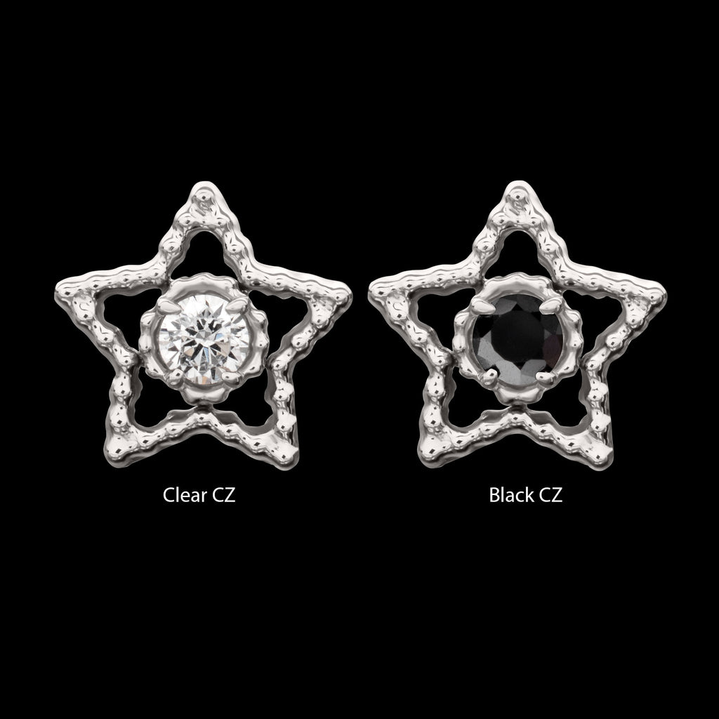 Milgrain Edge Star with Prong Set CZ Gem Flatback Stud Earring / Nosering - CZ in Titanium
