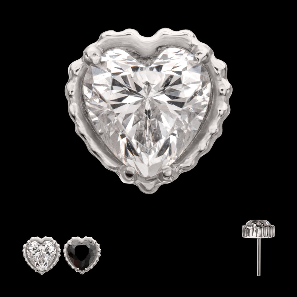 Beaded Edge Prong Set Heart CZ Gem Flatback Stud Earring / Nosering - CZ in Titanium