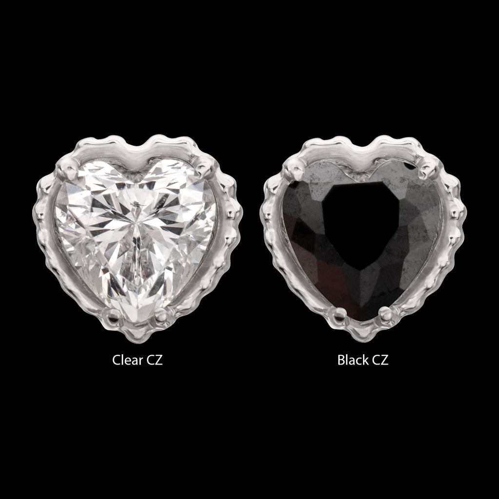 Beaded Edge Prong Set Heart CZ Gem Flatback Stud Earring / Nosering - CZ in Titanium