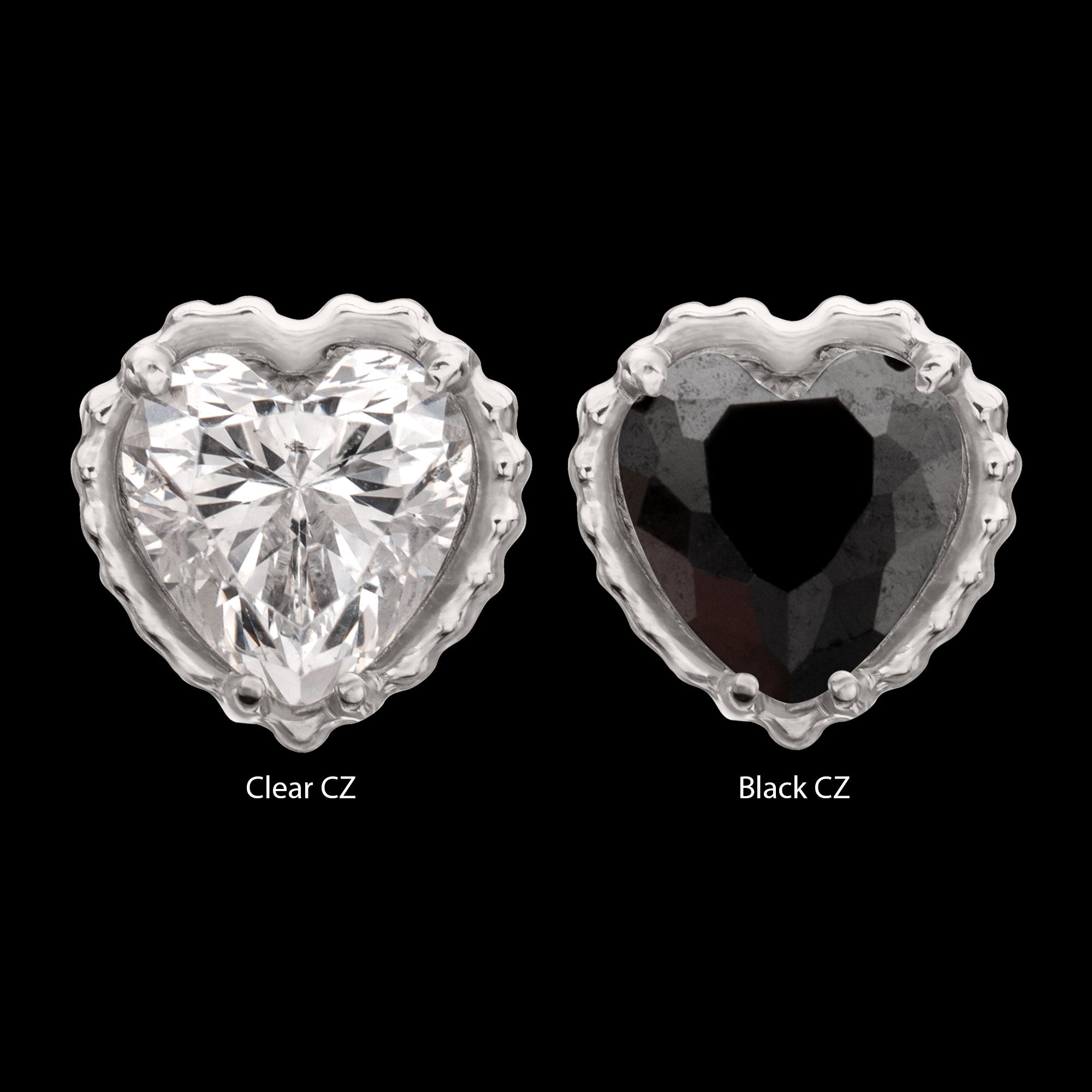 Beaded Edge Prong Set Heart CZ Gem Flatback Stud Earring / Nosering - CZ in Titanium