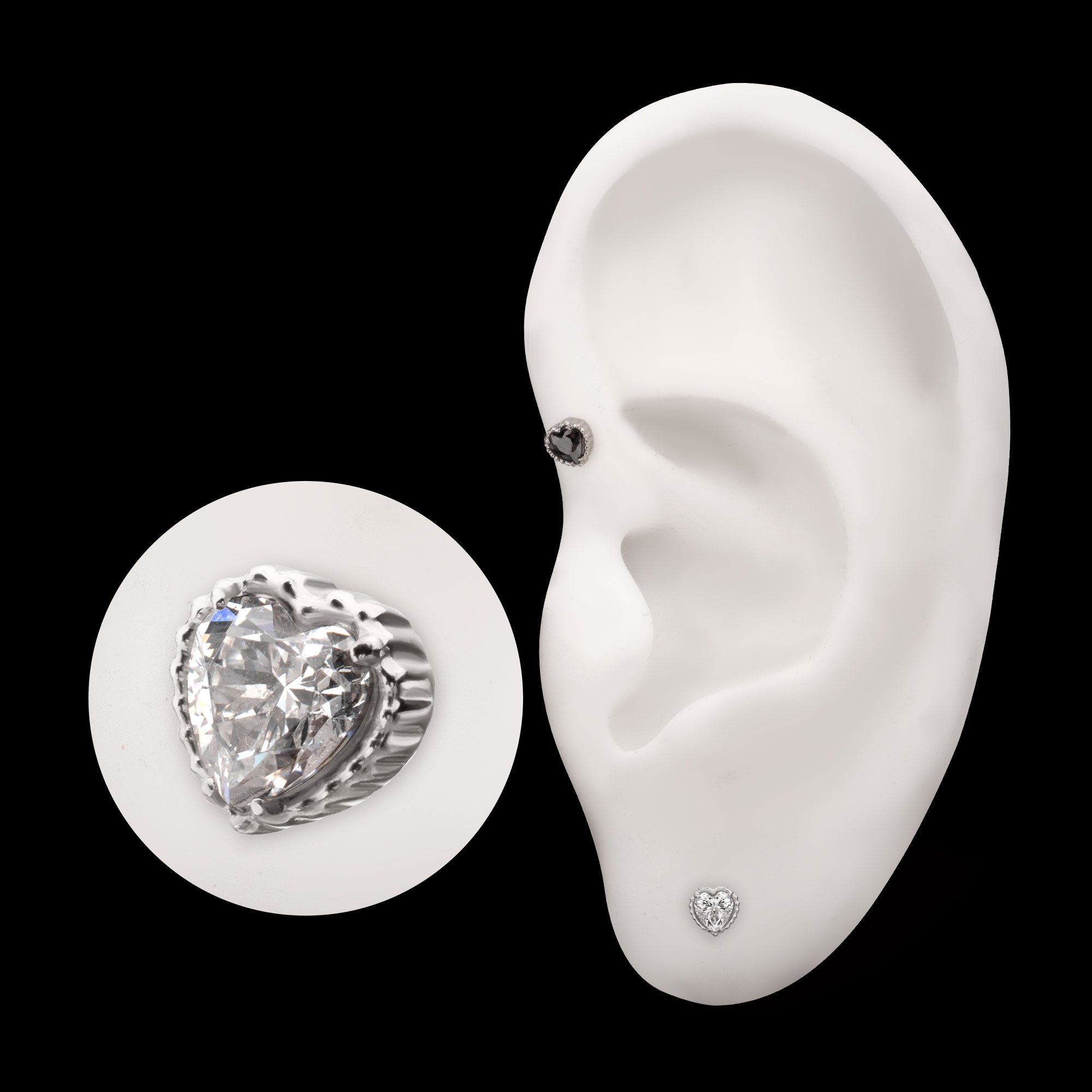 Beaded Edge Prong Set Heart CZ Gem Flatback Stud Earring / Nosering - CZ in Titanium