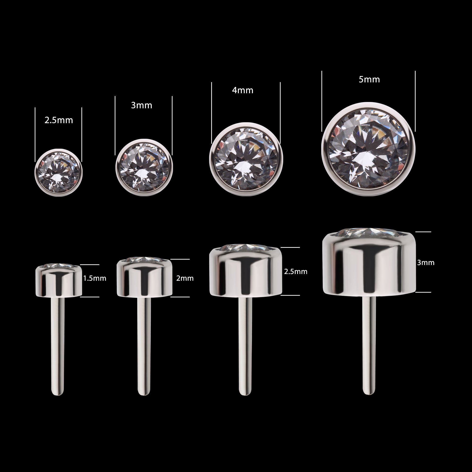 Bezel Set AAA CZ Flatback Stud Earring / Nosering - AAA CZ in Titanium