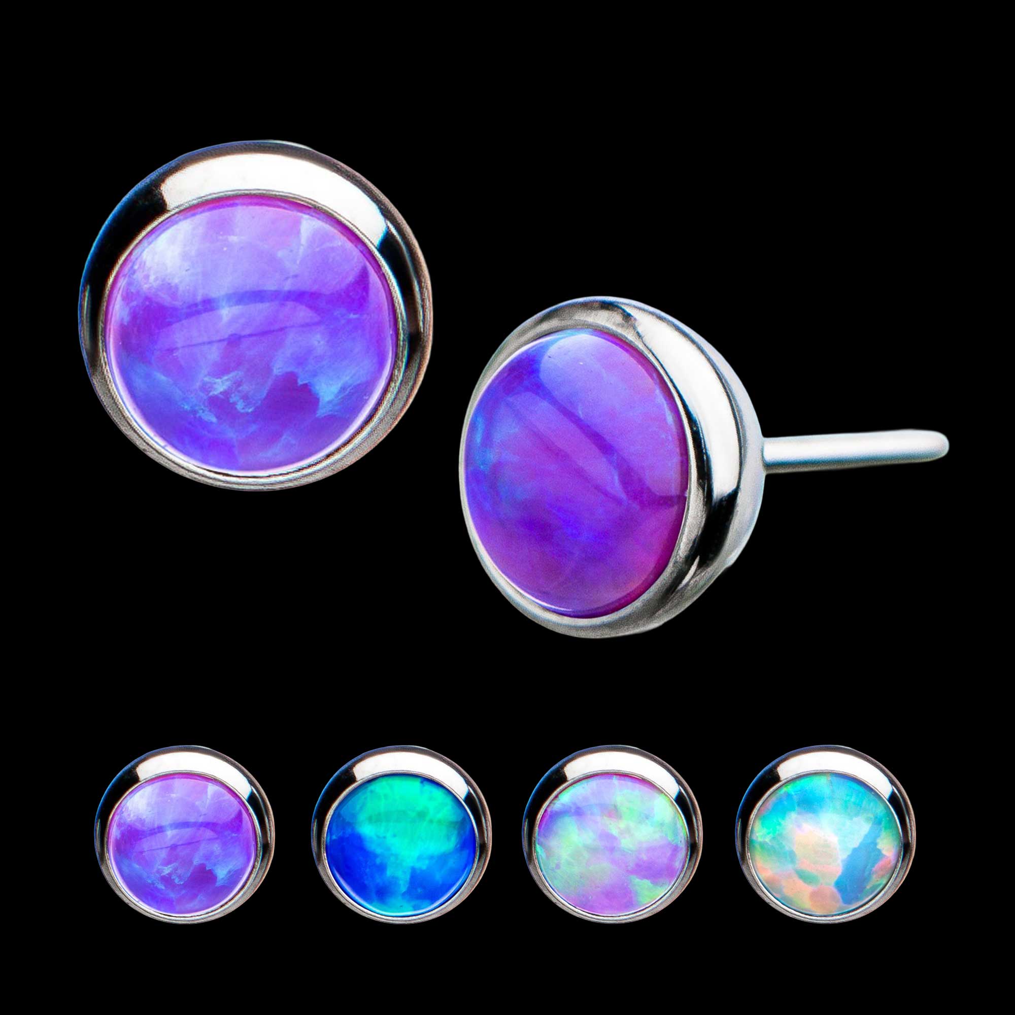 Bezel Set Synthetic Opal Front Facing Flatback Stud Earring / Nosering - Synthetic Opal & Opal in Titanium