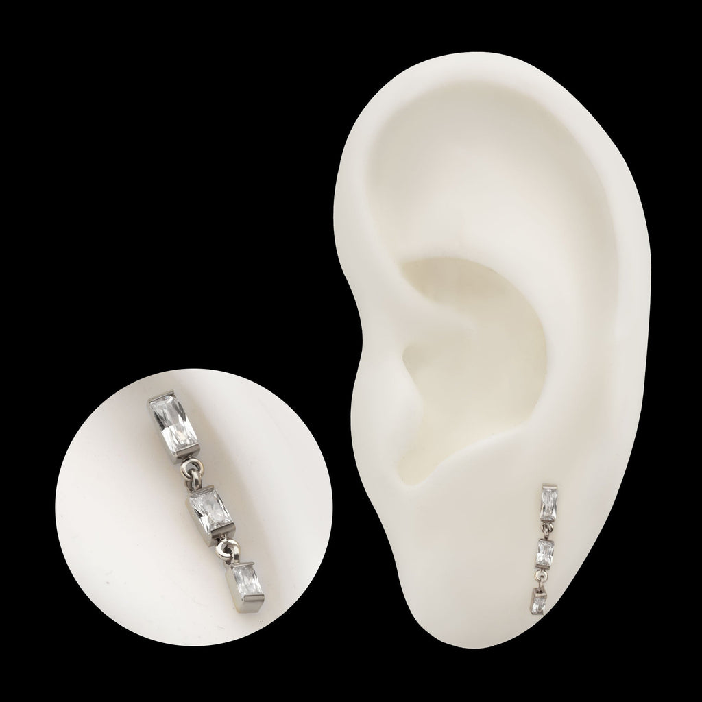 Triple Baguette Gem Dangle Threadless Earring / Nosering – Titanium