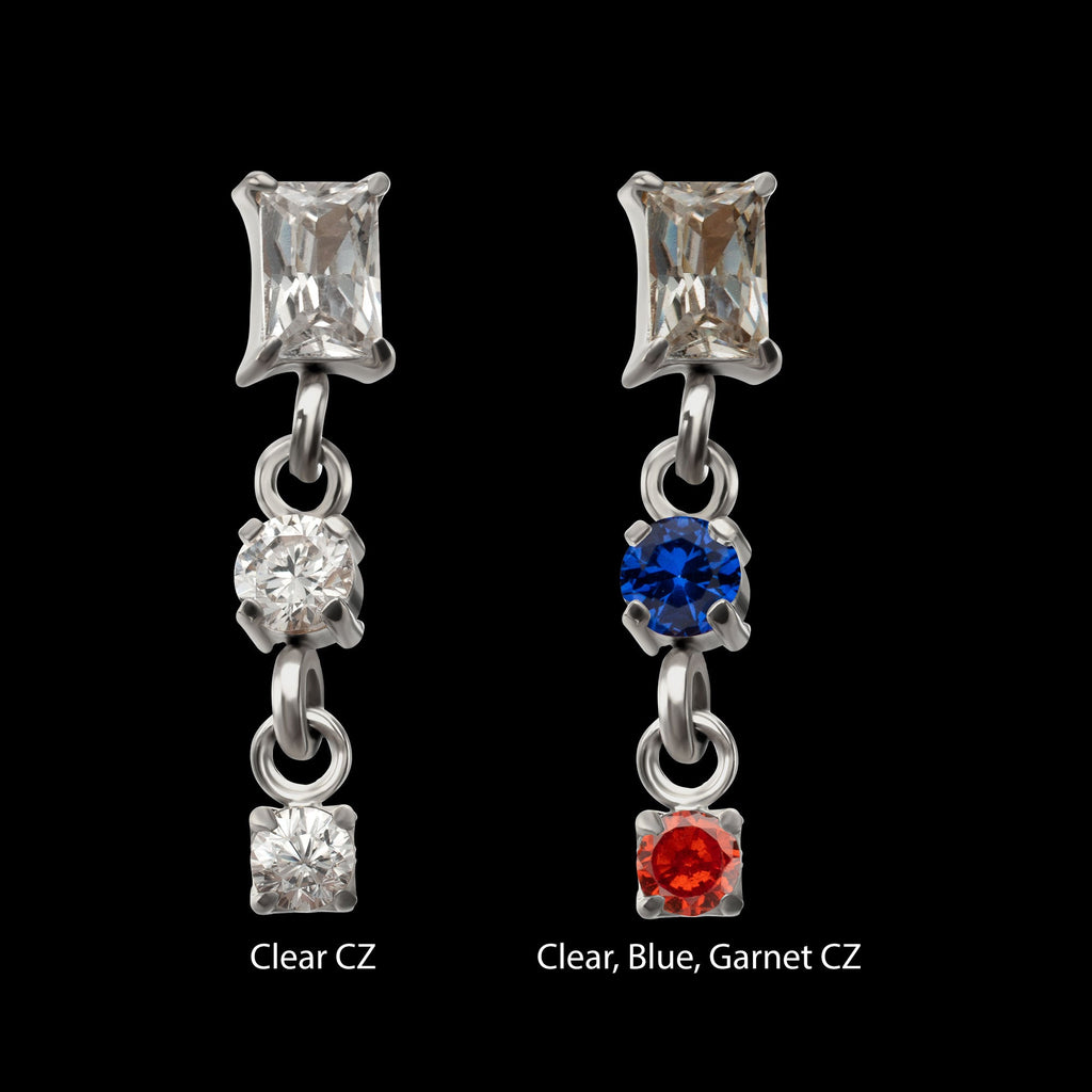 Baguette Prong-Set Gem Double Gem Dangle Threadless Earring / Nosering – Titanium