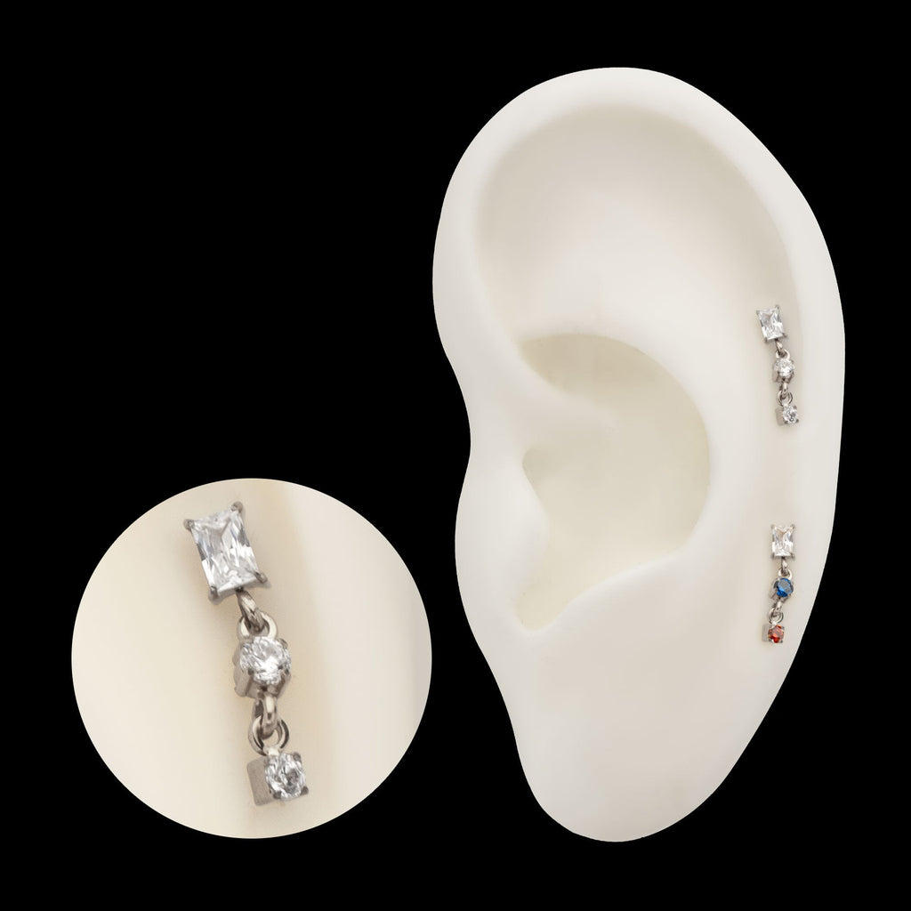 Baguette Prong-Set Gem Double Gem Dangle Threadless Earring / Nosering – Titanium