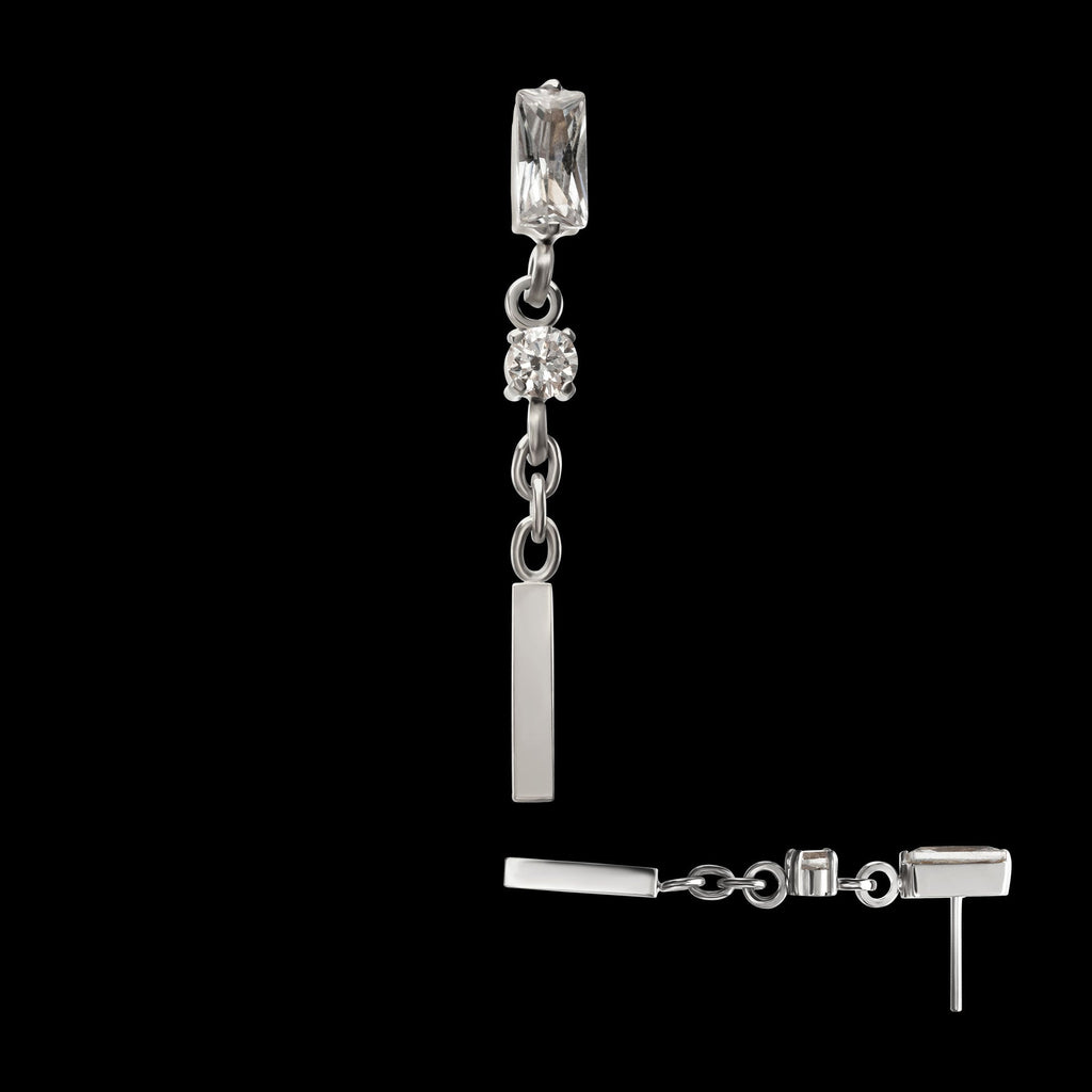 Prong-Set Gem Baguette with Round Gem & Bar Dangle Threadless Earring / Nosering – Titanium