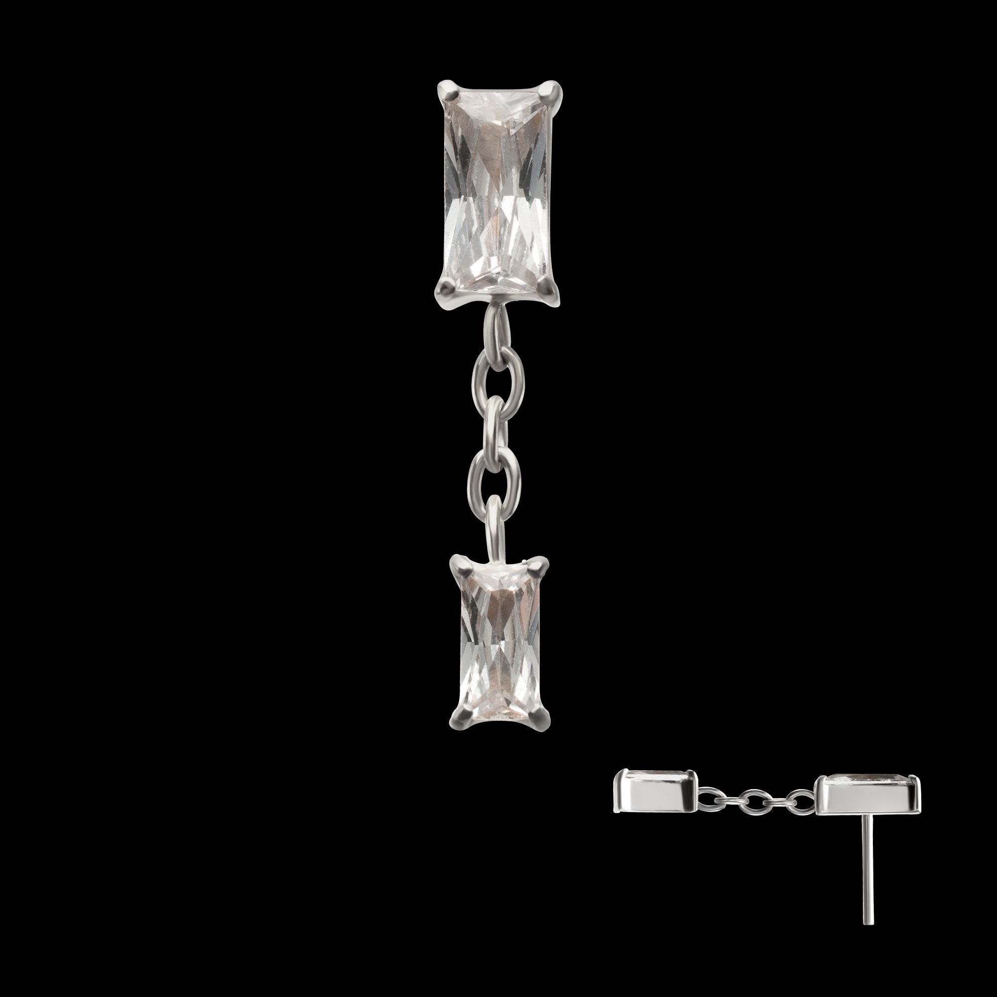 Double Baguette Prong-Set Gem Dangle Threadless Earring / Nosering – Titanium