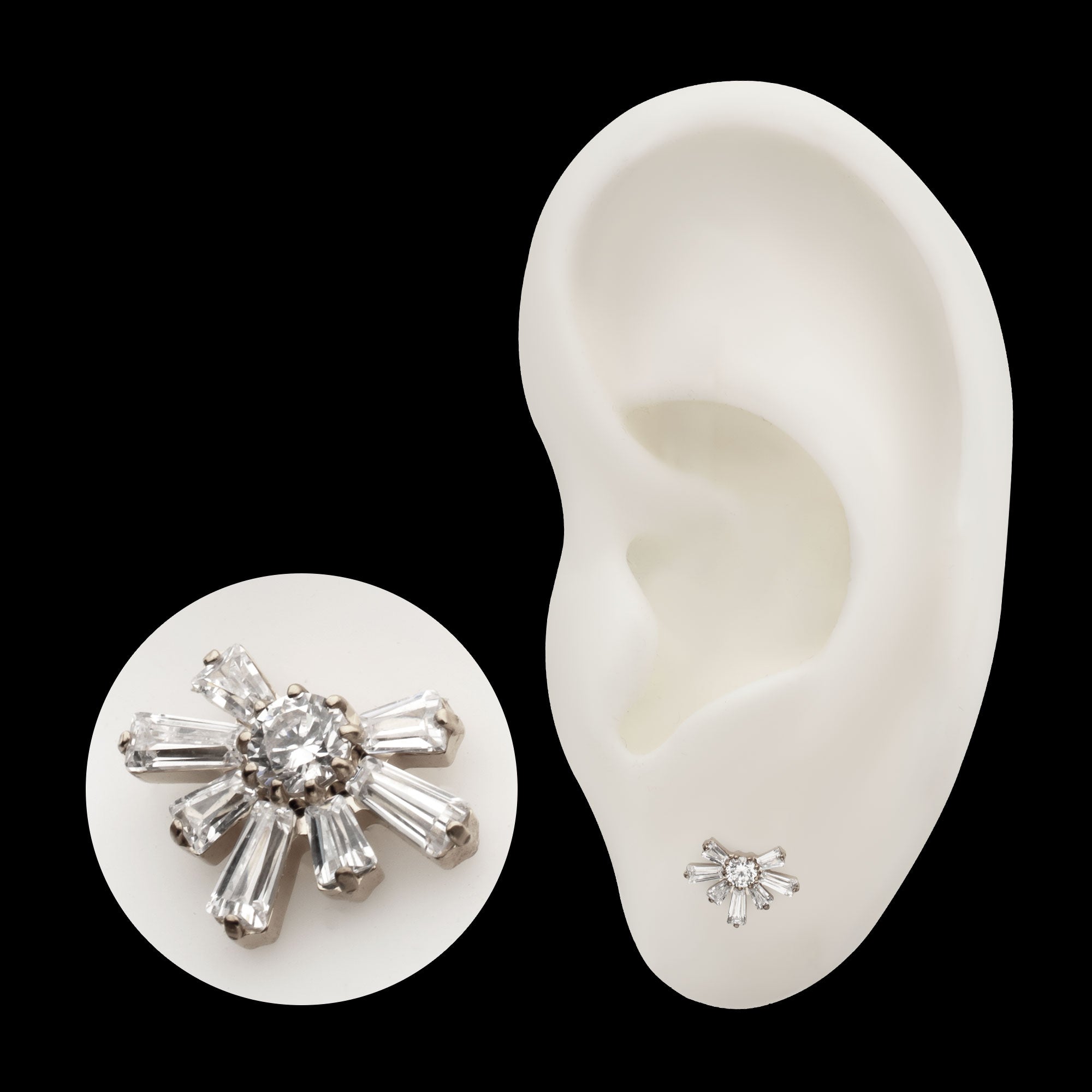 Round & Baguette Cluster Gem Sunray Threadless Earring / Nosering – Titanium