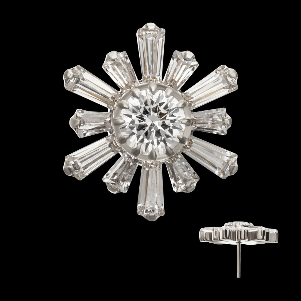 Round & Baguette Cluster Gem Sunburst Threadless Earring / Nosering – Titanium
