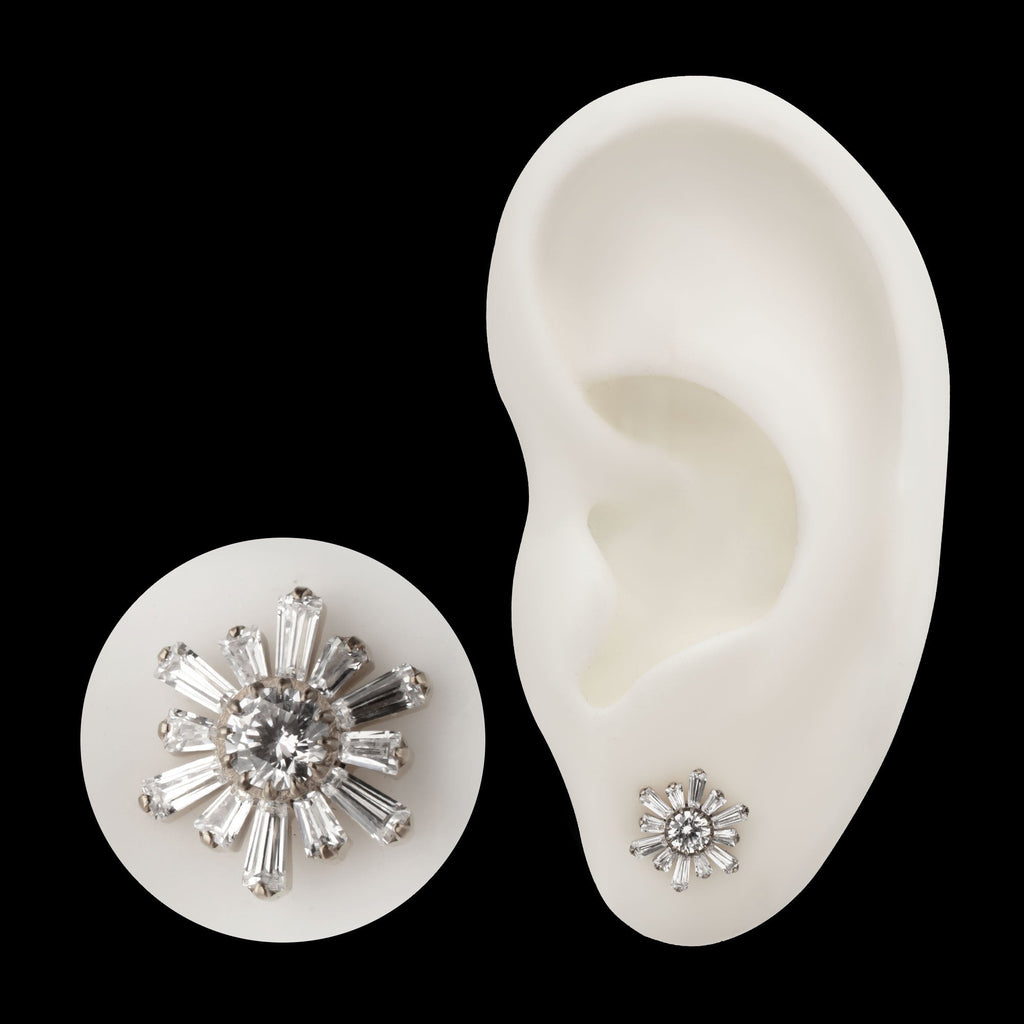 Round & Baguette Cluster Gem Sunburst Threadless Earring / Nosering – Titanium