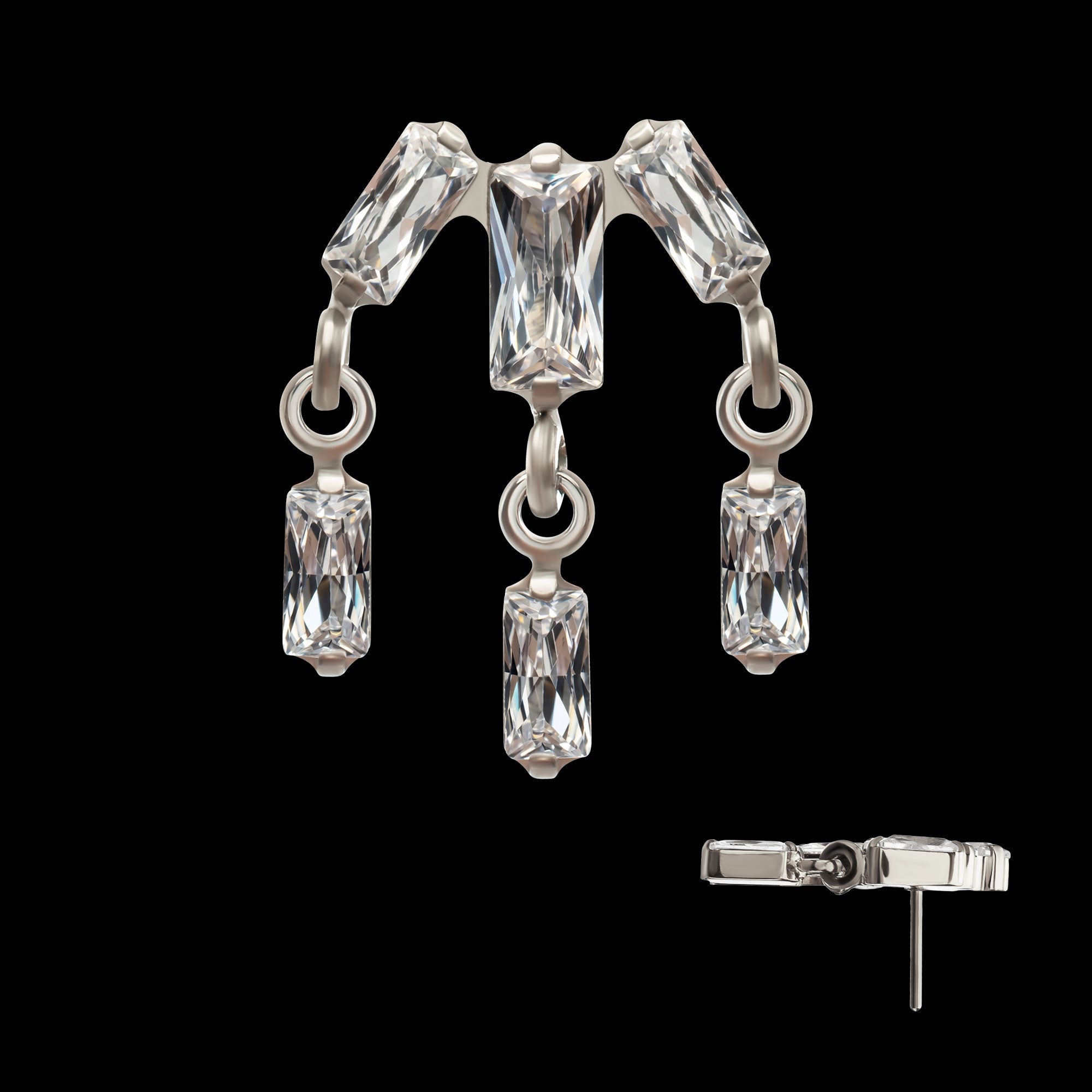3-Cluster Baguette Prong-Set Gem with Dangle Gem Threadless Earring / Nosering – Titanium