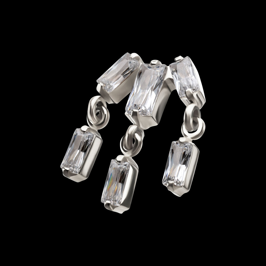 3-Cluster Baguette Prong-Set Gem with Dangle Gem Threadless Earring / Nosering – Titanium