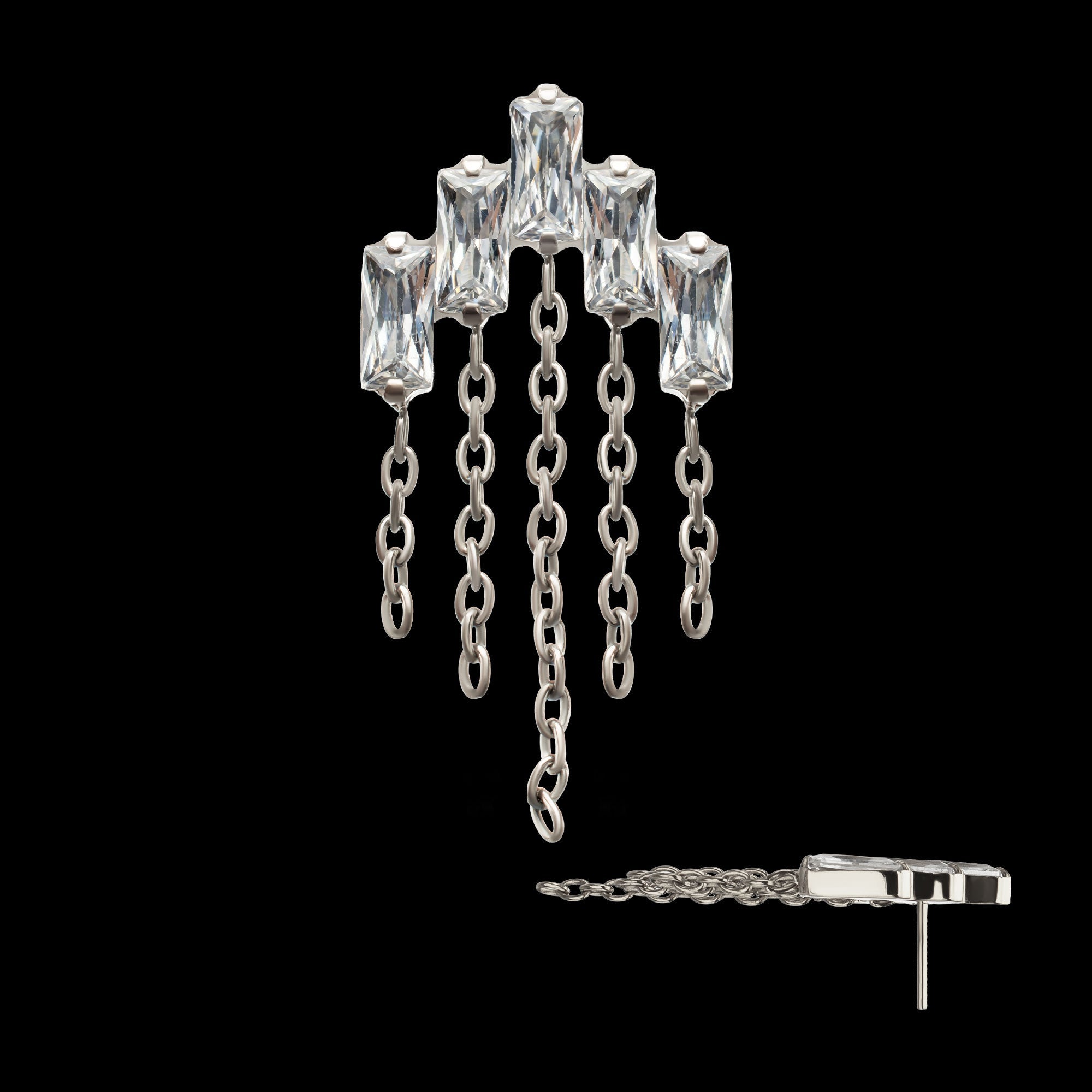 5-Cluster Baguette Prong-Set Gem with Chain Dangle Threadless Earring / Nosering – Titanium