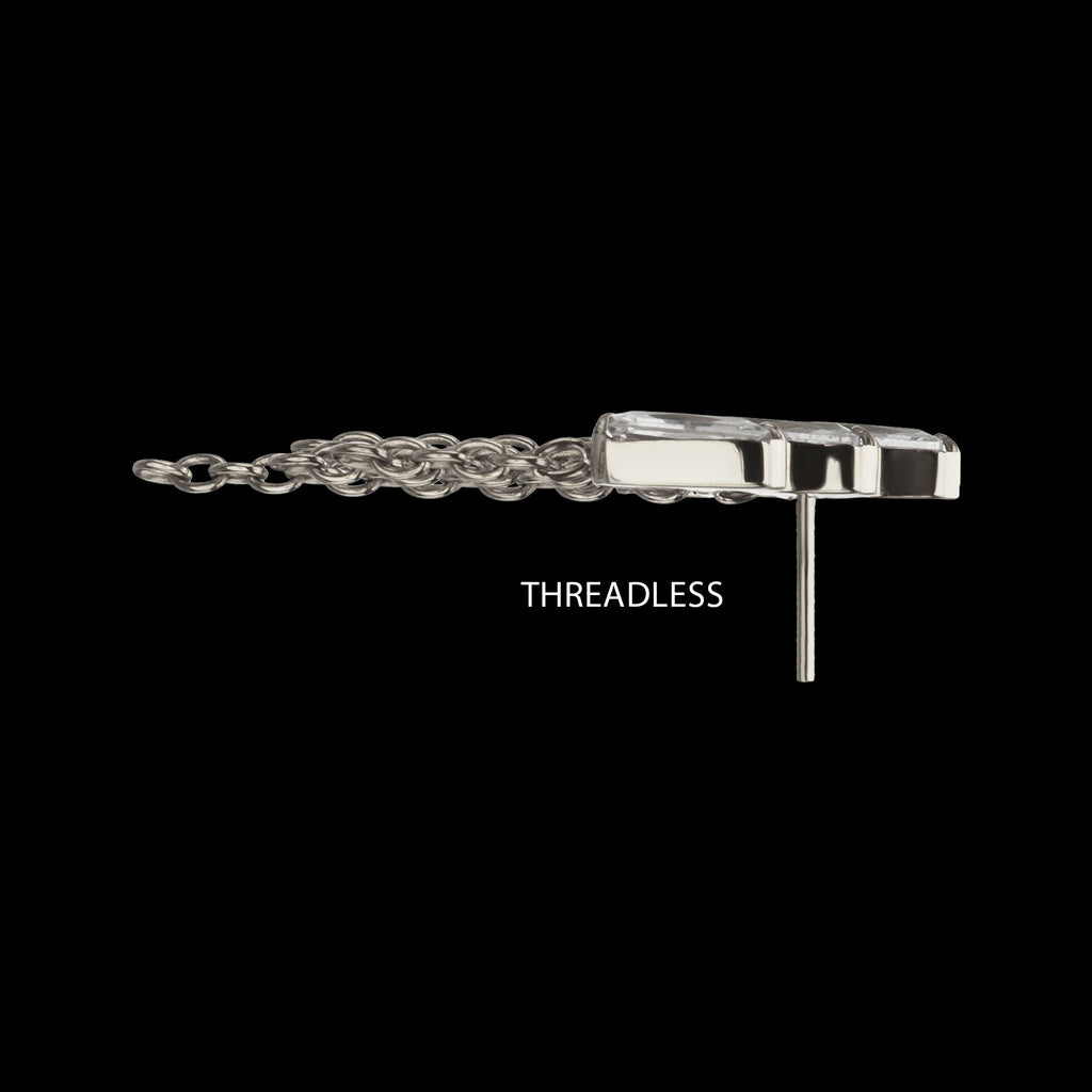 5-Cluster Baguette Prong-Set Gem with Chain Dangle Threadless Earring / Nosering – Titanium