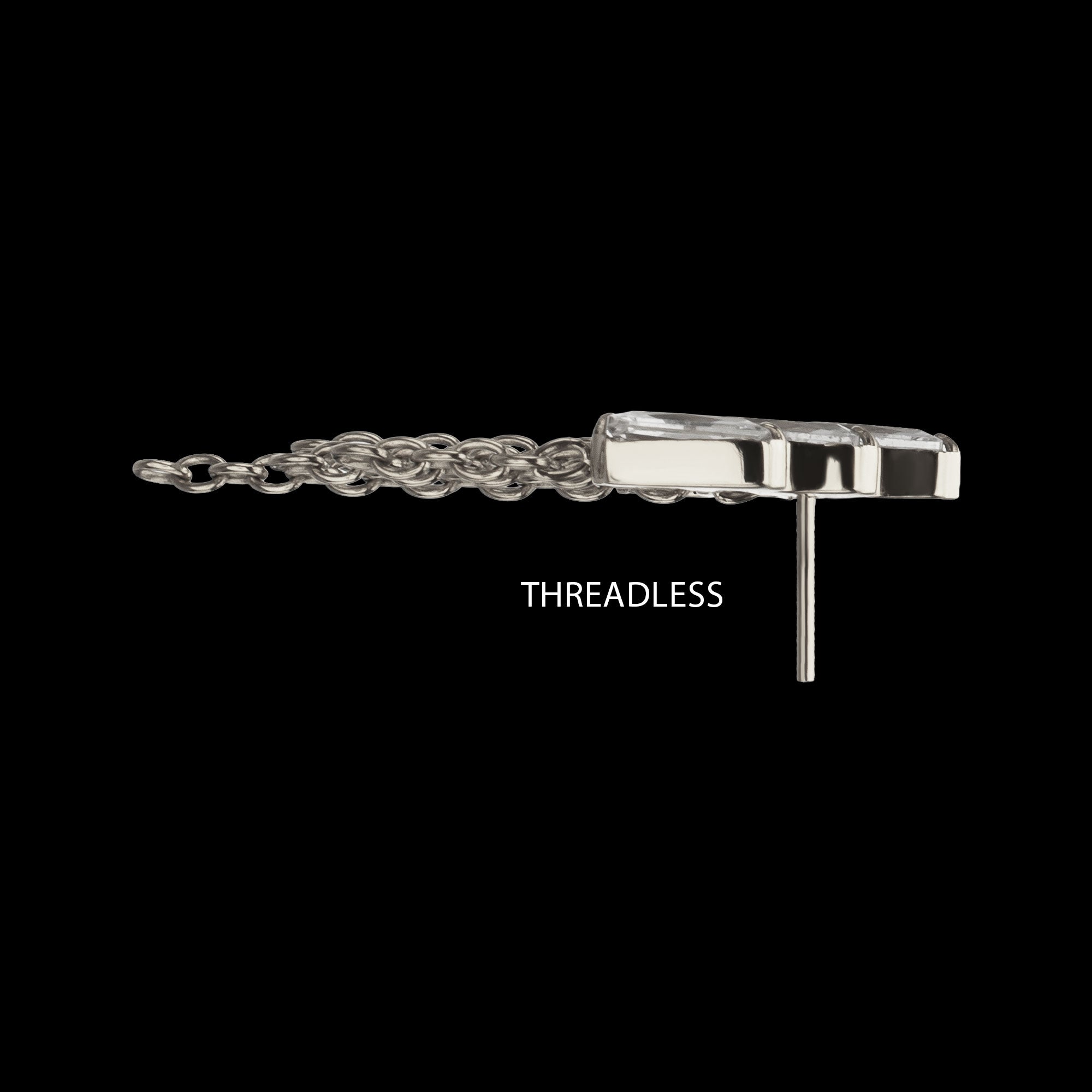 5-Cluster Baguette Prong-Set Gem with Chain Dangle Threadless Earring / Nosering – Titanium