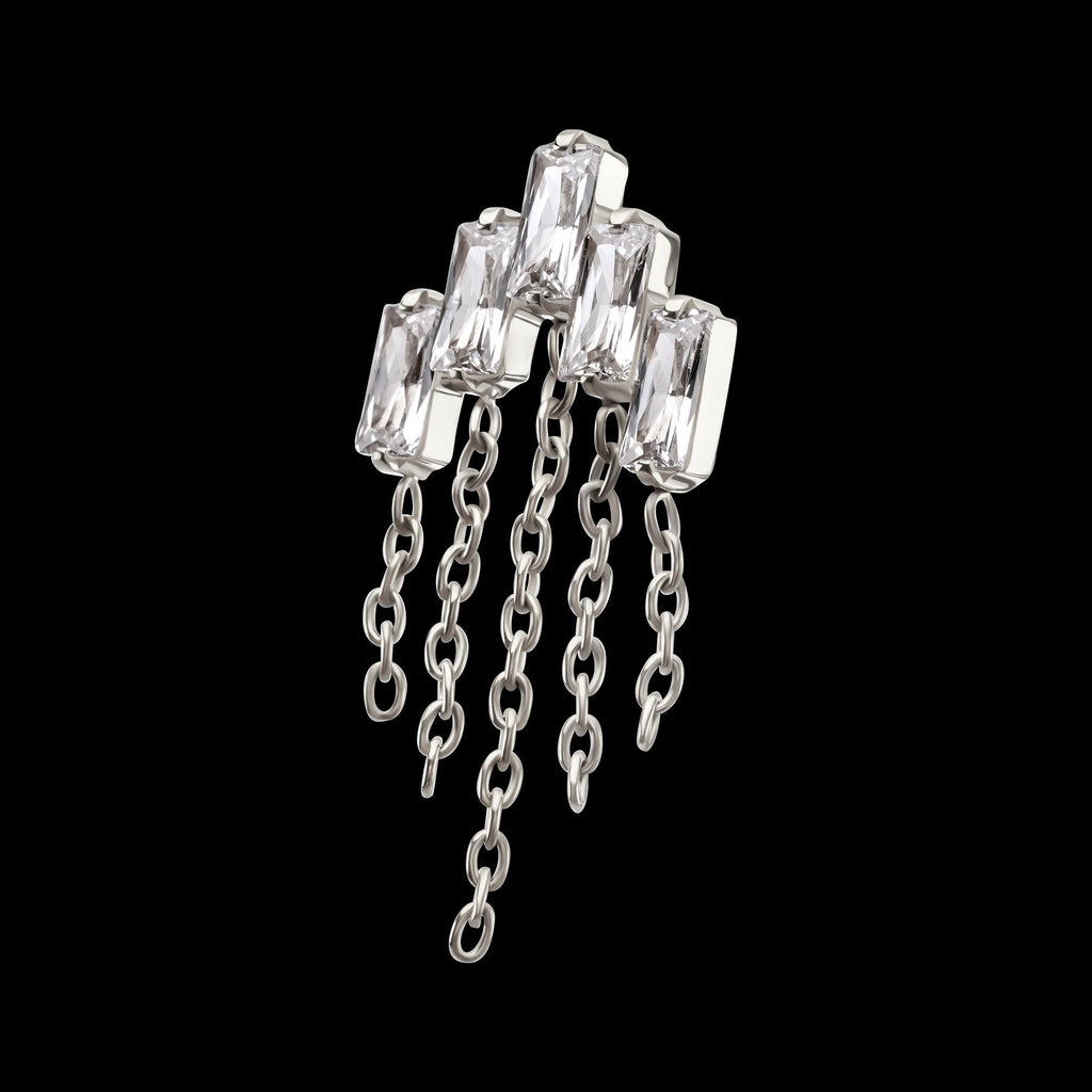 5-Cluster Baguette Prong-Set Gem with Chain Dangle Threadless Earring / Nosering – Titanium