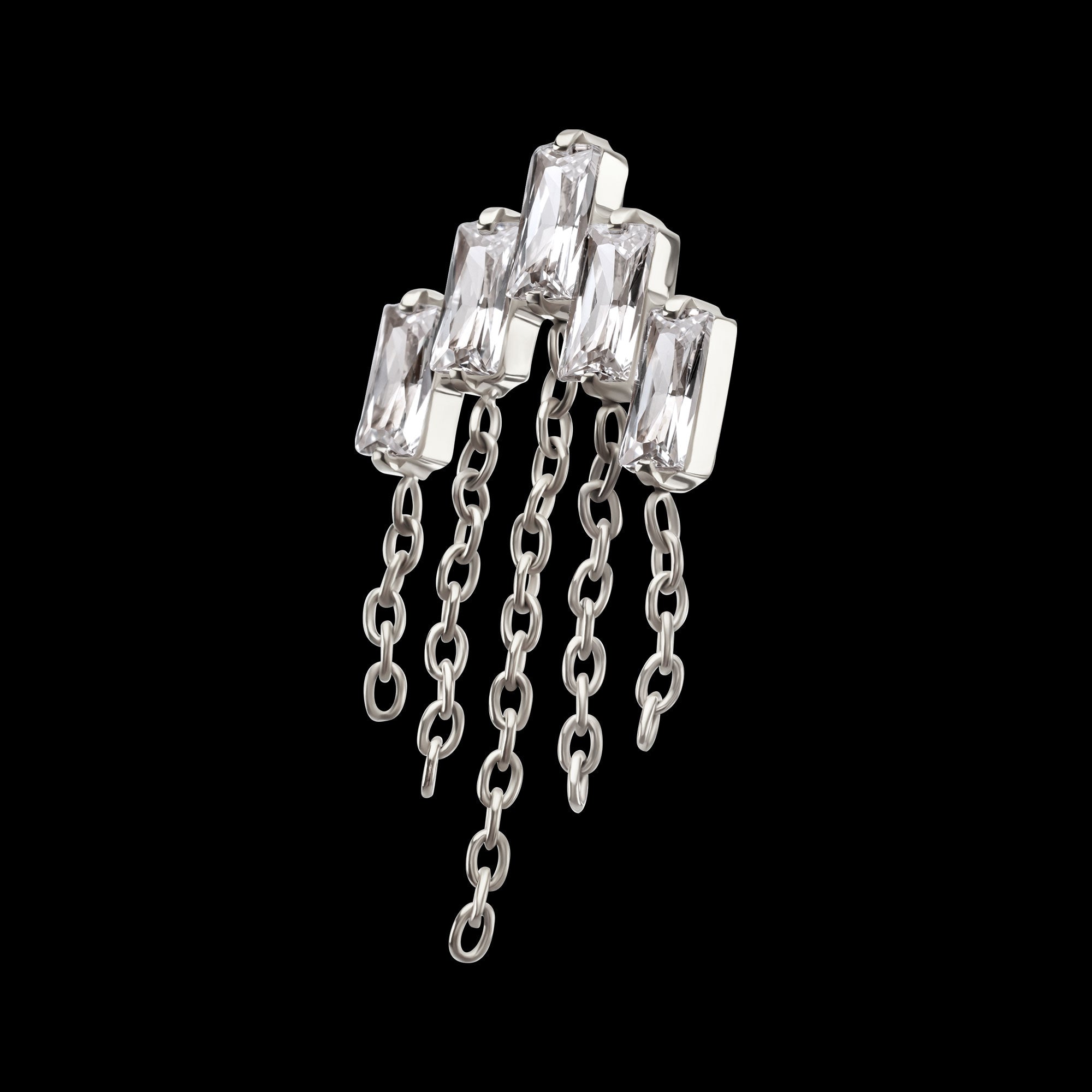 5-Cluster Baguette Prong-Set Gem with Chain Dangle Threadless Earring / Nosering – Titanium