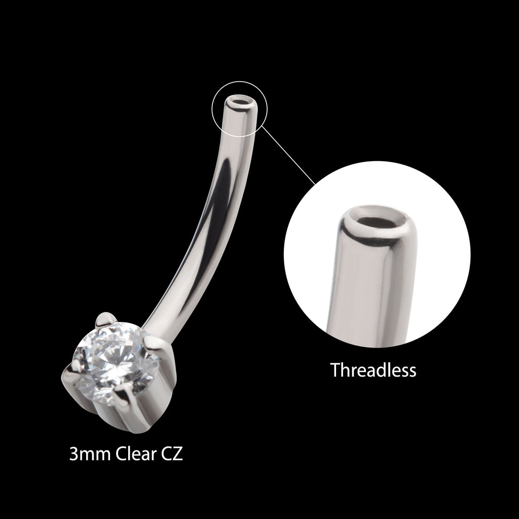Fixed Bottom Prong-Set Gem Curved Barbell Earring / Nosering – Titanium