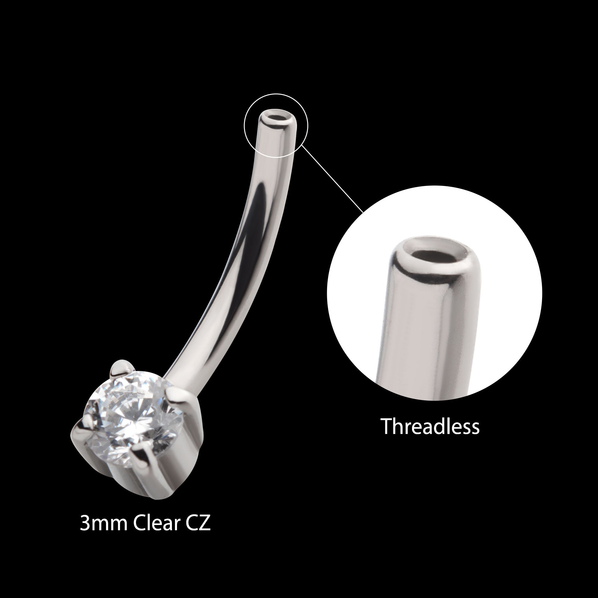 Fixed Bottom Prong-Set Gem Curved Barbell Earring / Nosering – Titanium