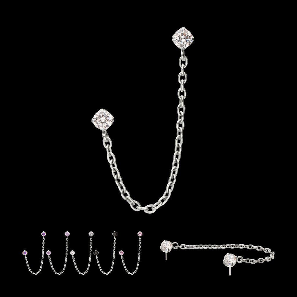 Double Prong Set Gem with Rolo Chain Dangle Flatback Stud Earring / Nosering - Gem in Titanium