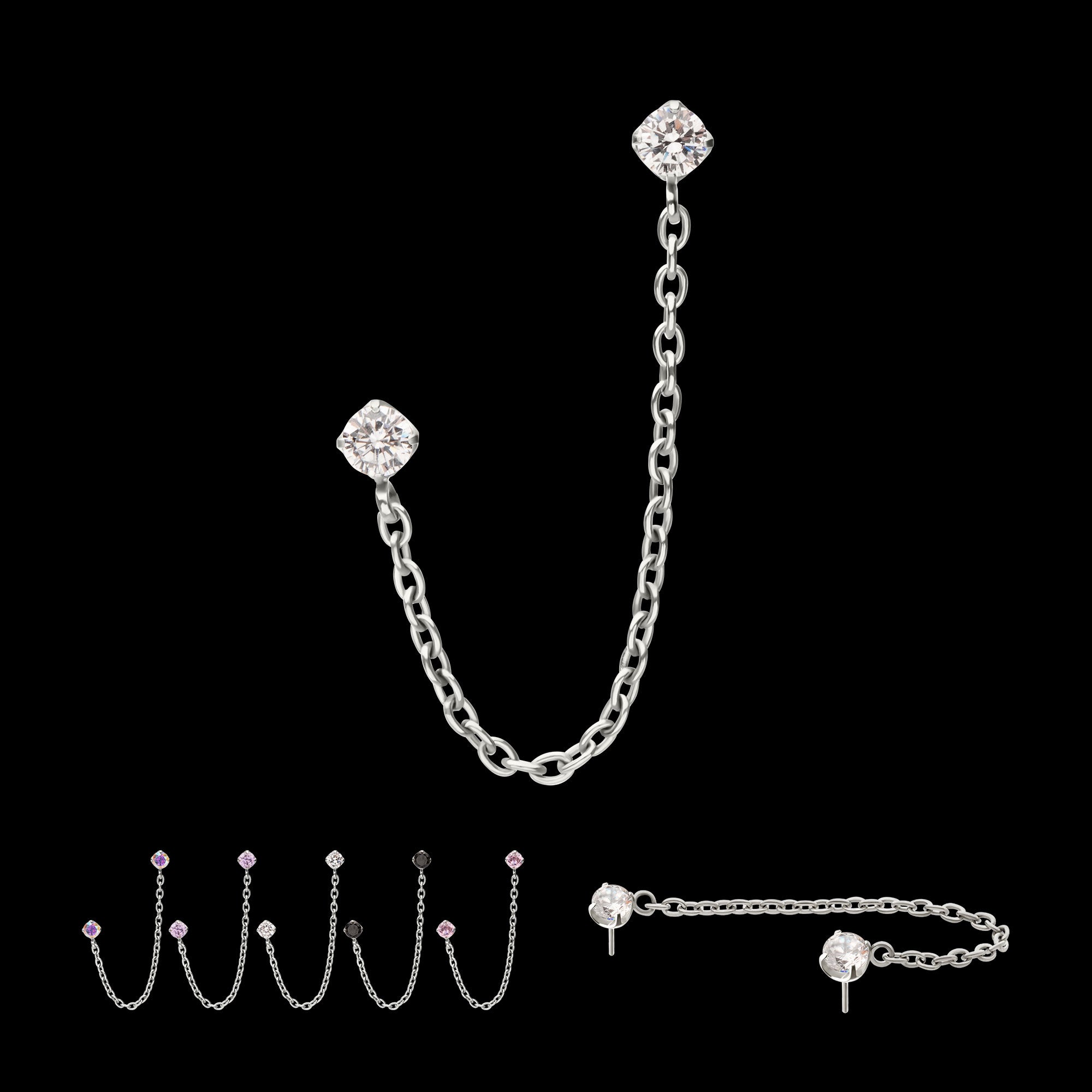Double Prong Set Gem with Rolo Chain Dangle Flatback Stud Earring / Nosering - Gem in Titanium