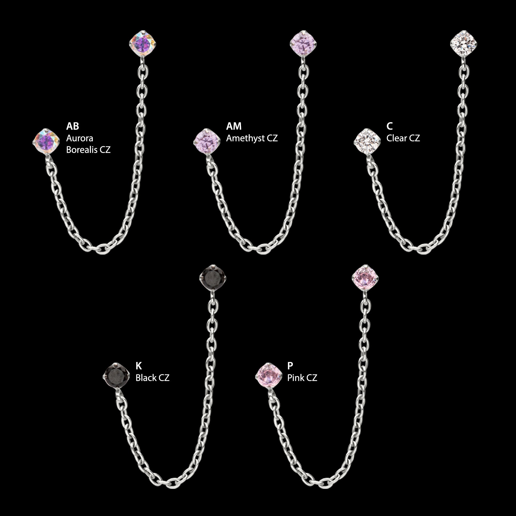 Double Prong Set Gem with Rolo Chain Dangle Flatback Stud Earring / Nosering - Gem in Titanium