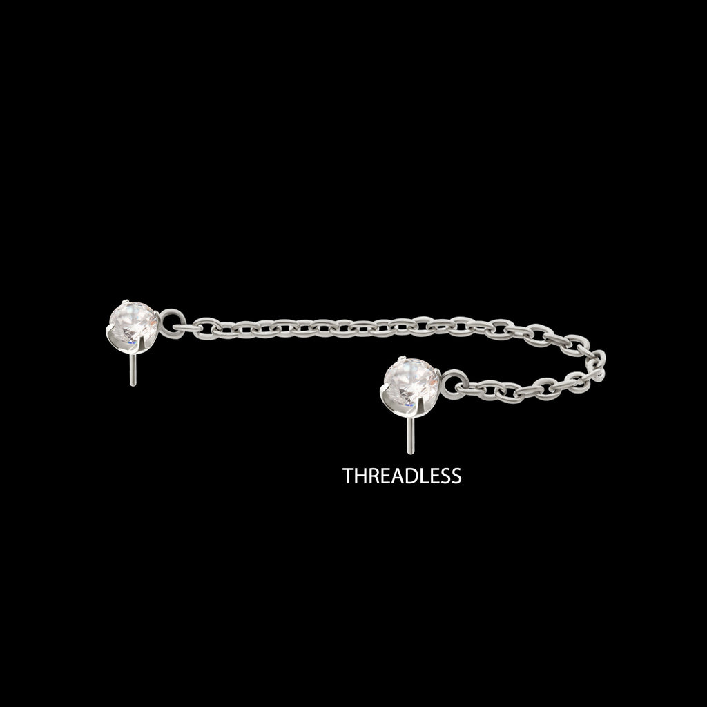 Double Prong Set Gem with Rolo Chain Dangle Flatback Stud Earring / Nosering - Gem in Titanium