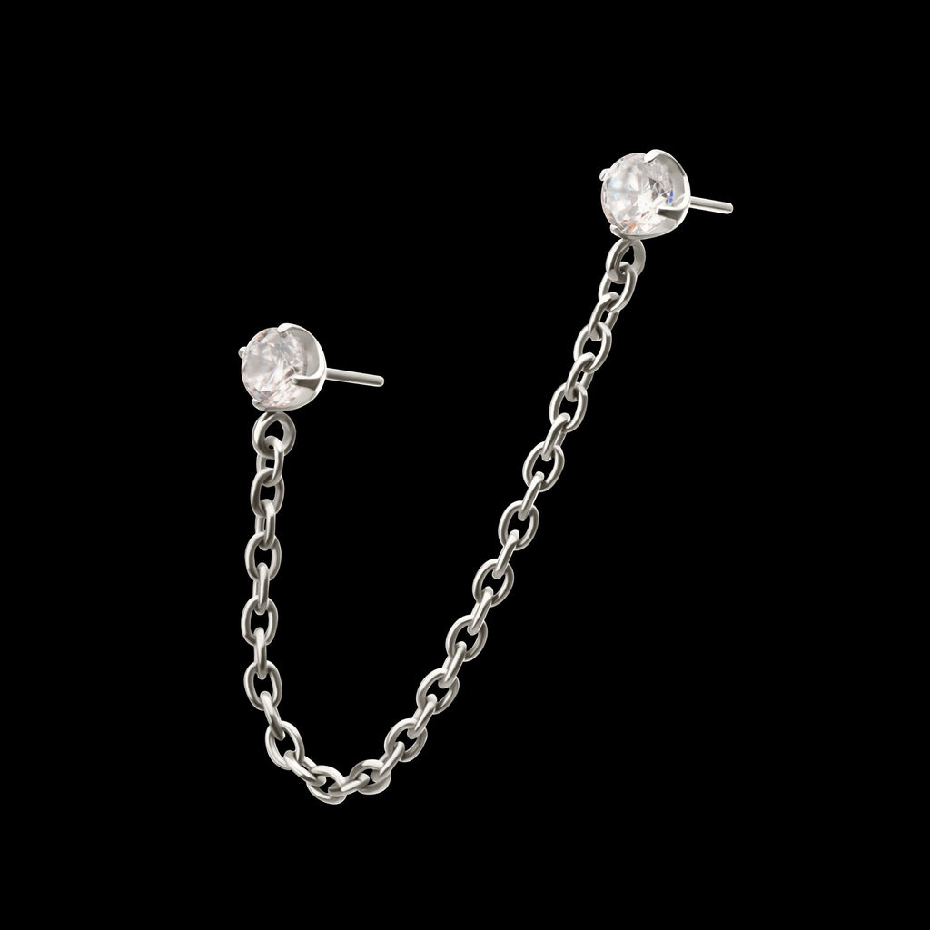 Double Prong Set Gem with Rolo Chain Dangle Flatback Stud Earring / Nosering - Gem in Titanium