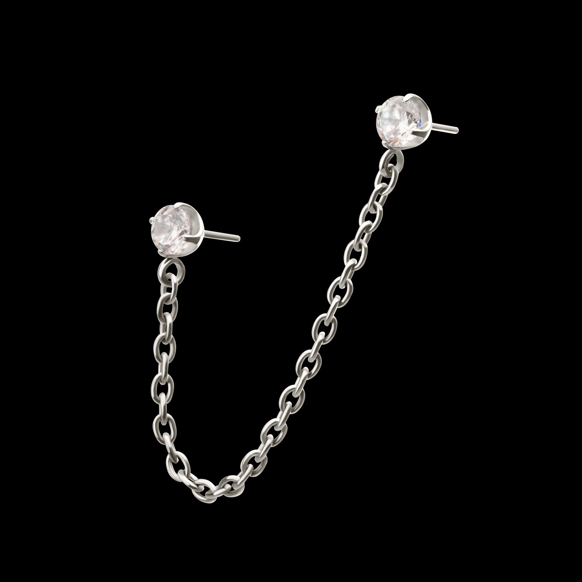 Double Prong Set Gem with Rolo Chain Dangle Flatback Stud Earring / Nosering - Gem in Titanium