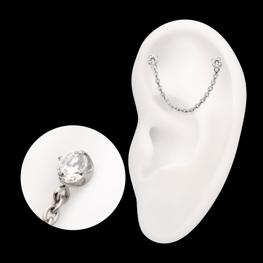 Double Prong Set Gem with Rolo Chain Dangle Flatback Stud Earring / Nosering - Gem in Titanium