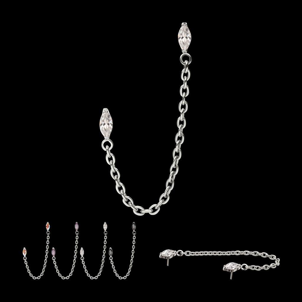 Double Prong Set Marquise Gem with Rolo Chain Dangle Flatback Stud Earring / Nosering - Gem in Titanium