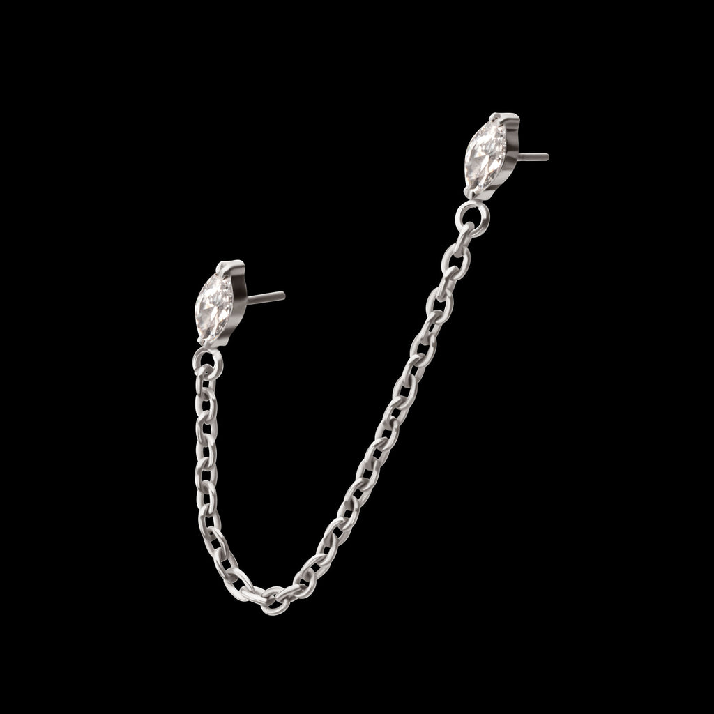 Double Prong Set Marquise Gem with Rolo Chain Dangle Flatback Stud Earring / Nosering - Gem in Titanium