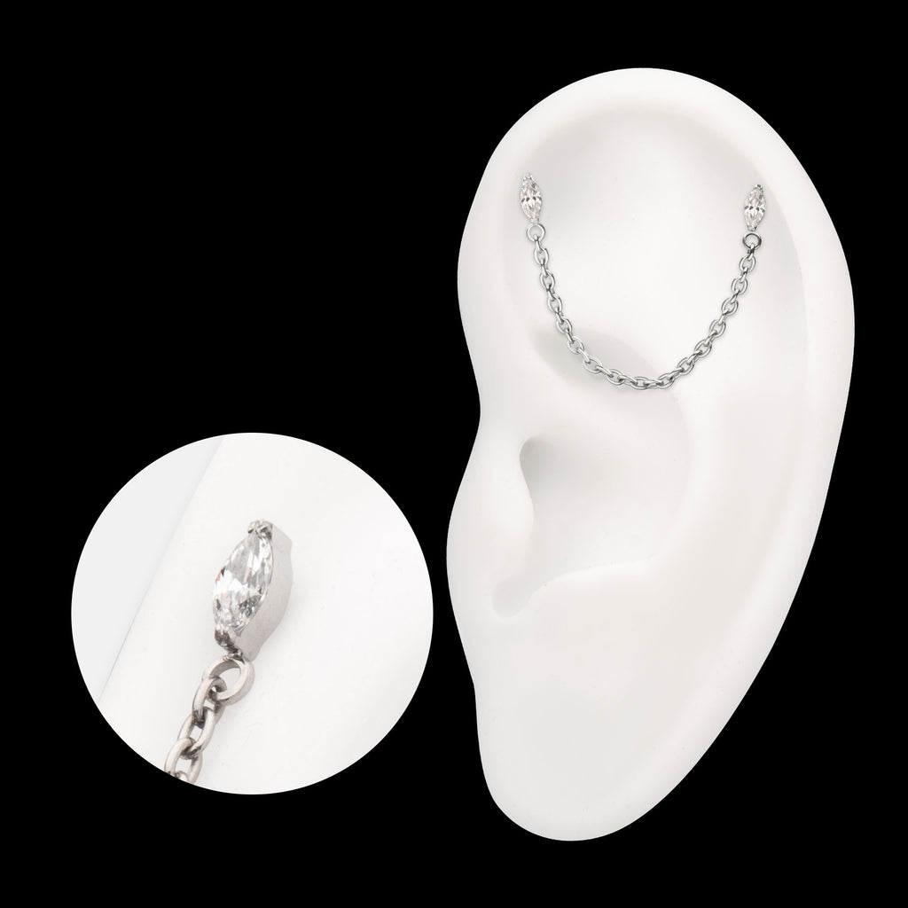 Double Prong Set Marquise Gem with Rolo Chain Dangle Flatback Stud Earring / Nosering - Gem in Titanium