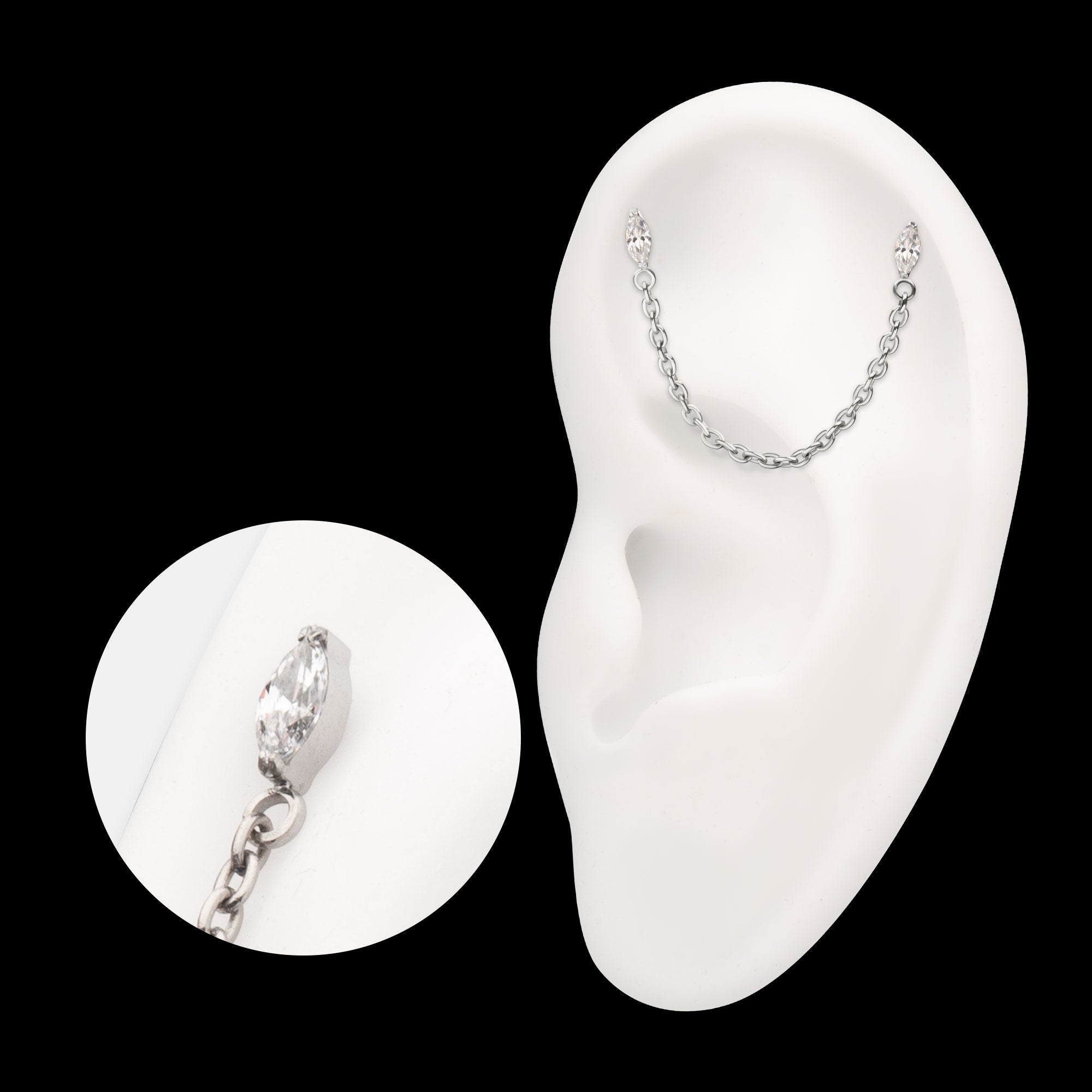 Double Prong Set Marquise Gem with Rolo Chain Dangle Flatback Stud Earring / Nosering - Gem in Titanium