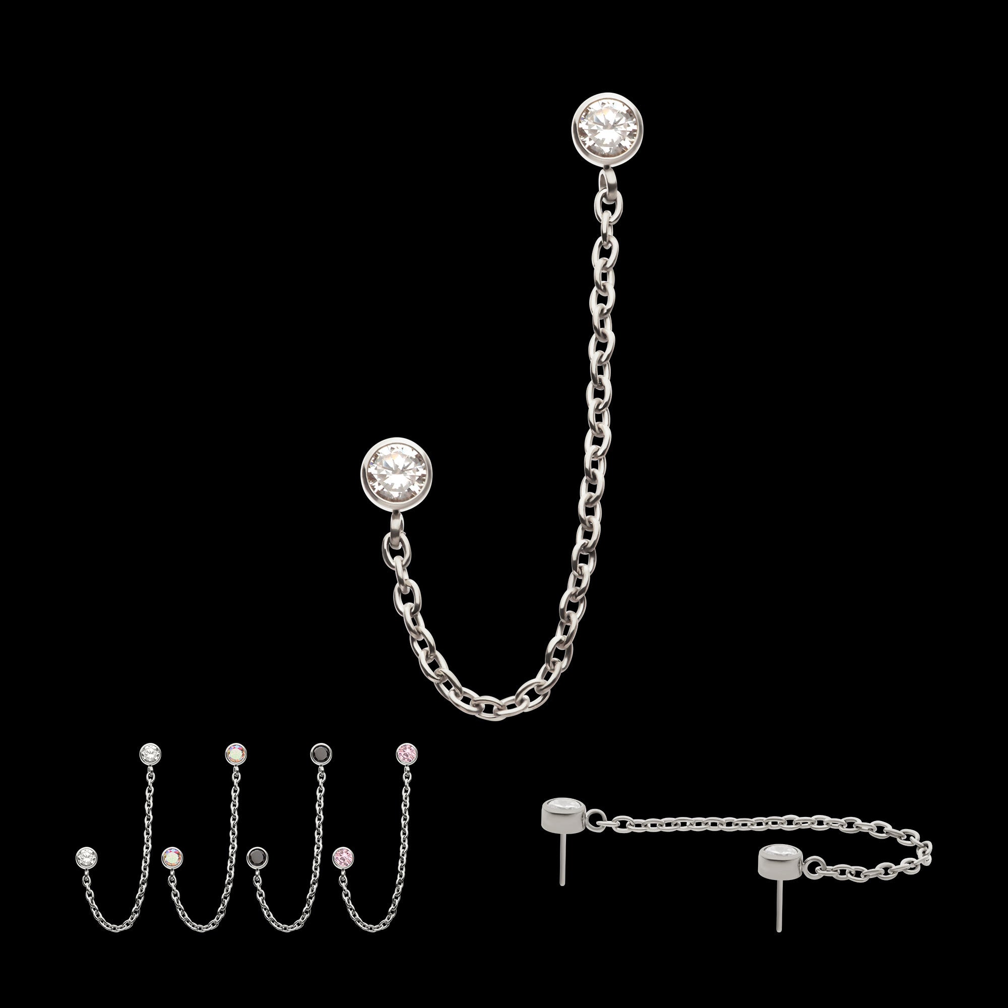 Double Bezel Set Gem with Rolo Chain Dangle Flatback Stud Earring / Nosering - Gem in Titanium