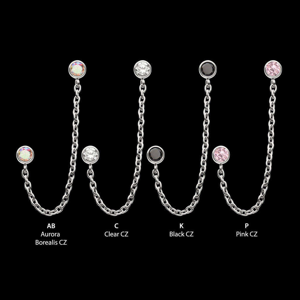 Double Bezel Set Gem with Rolo Chain Dangle Flatback Stud Earring / Nosering - Gem in Titanium