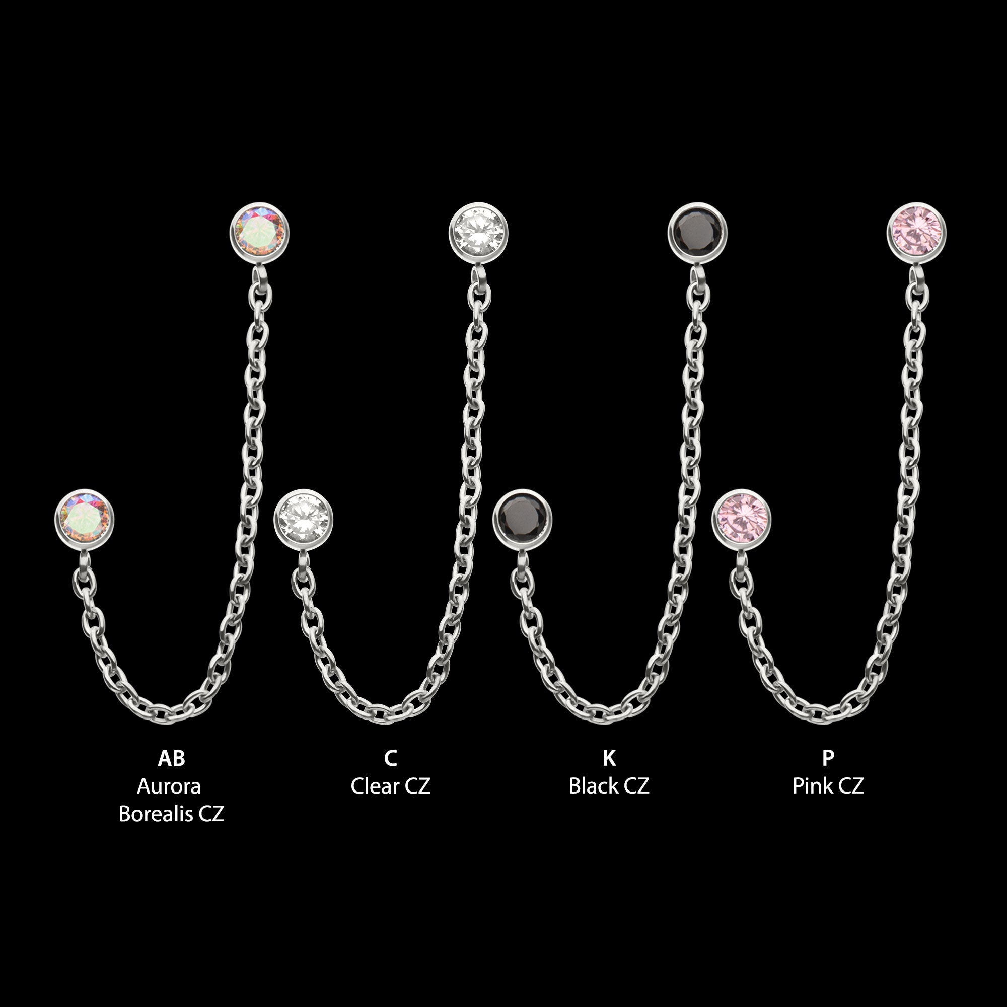 Double Bezel Set Gem with Rolo Chain Dangle Flatback Stud Earring / Nosering - Gem in Titanium