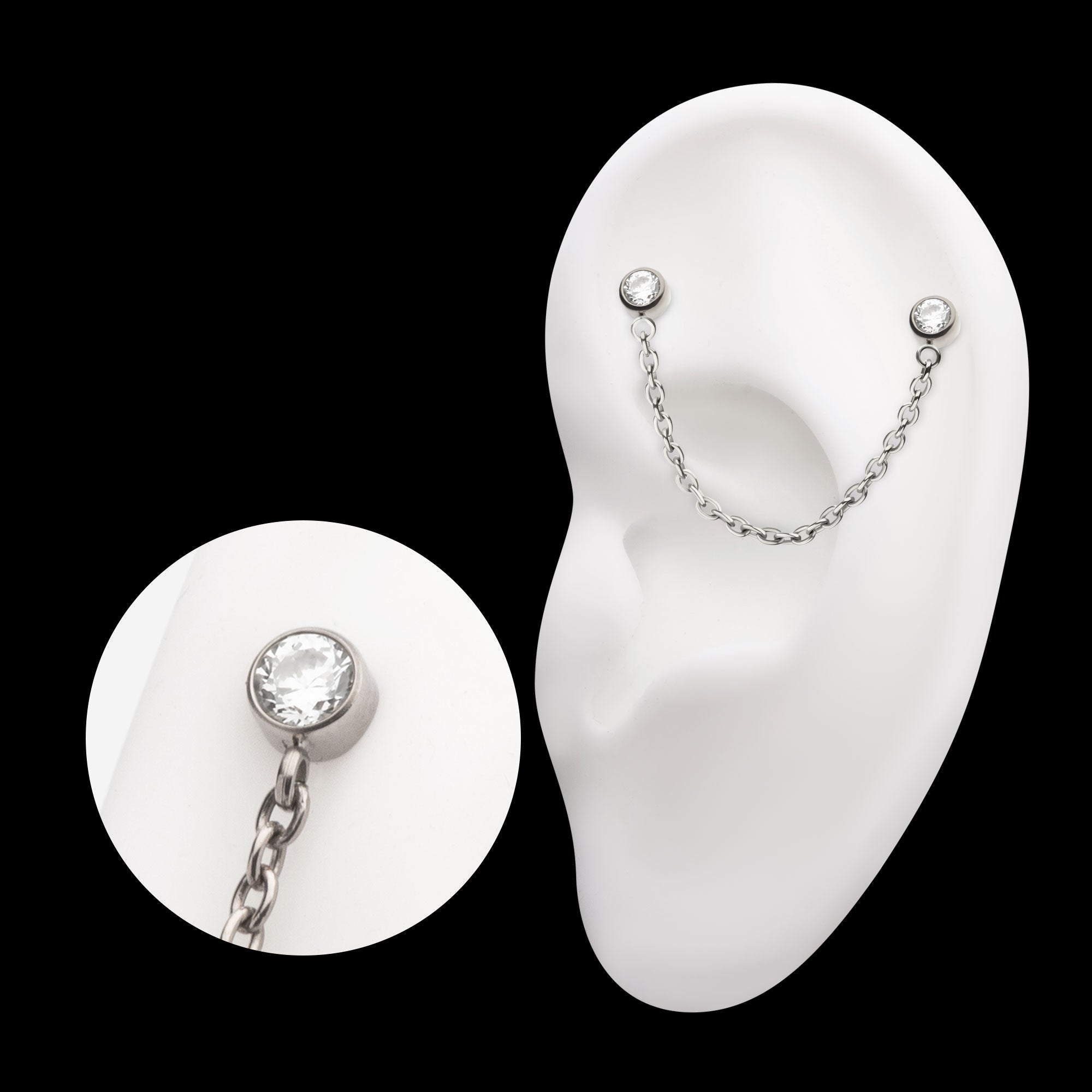 Double Bezel Set Gem with Rolo Chain Dangle Flatback Stud Earring / Nosering - Gem in Titanium