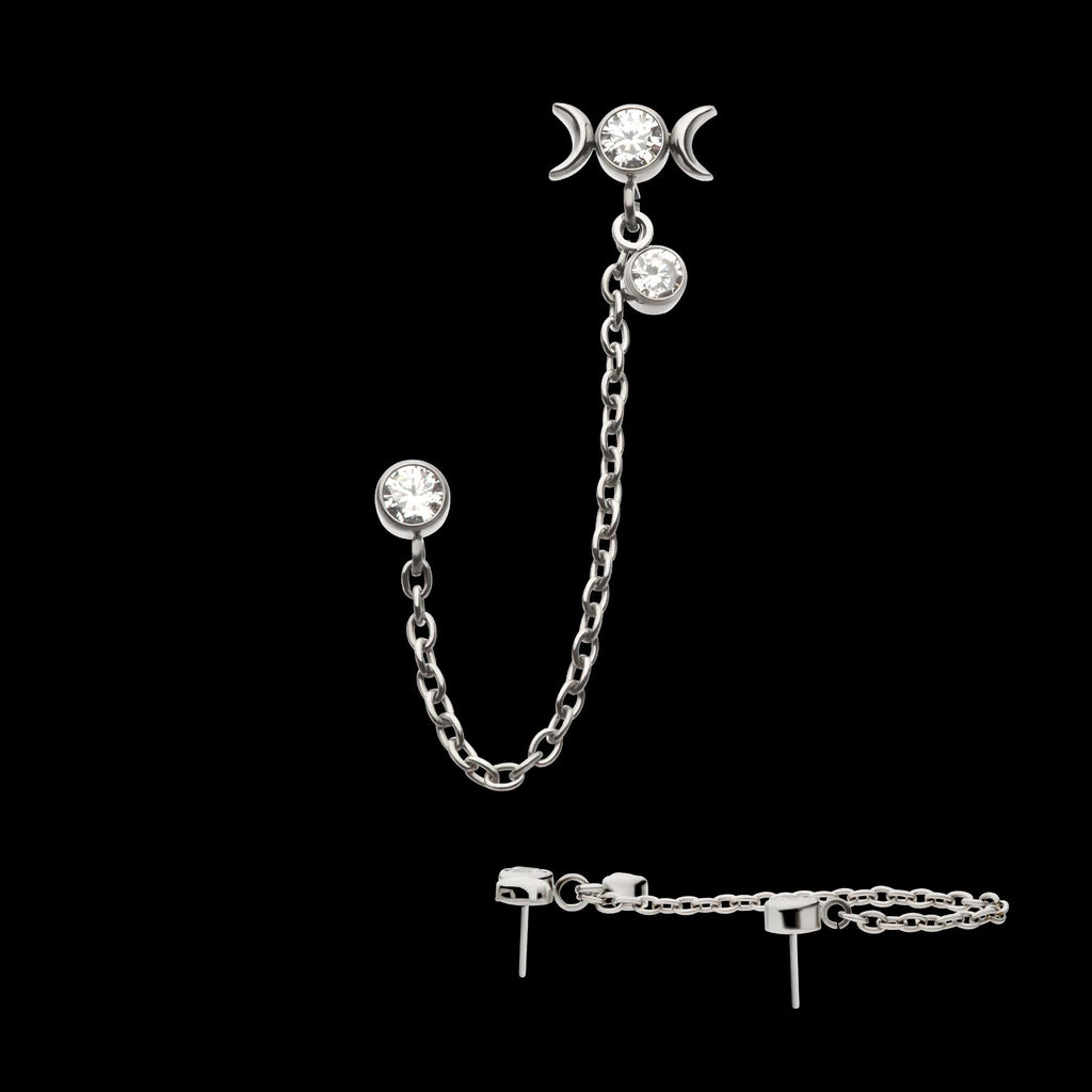 Triple Moon Phase & Duo Bezel Round CZ with Rolo Chain Dangle s Flatback Stud Earring / Nosering - CZ in Titanium